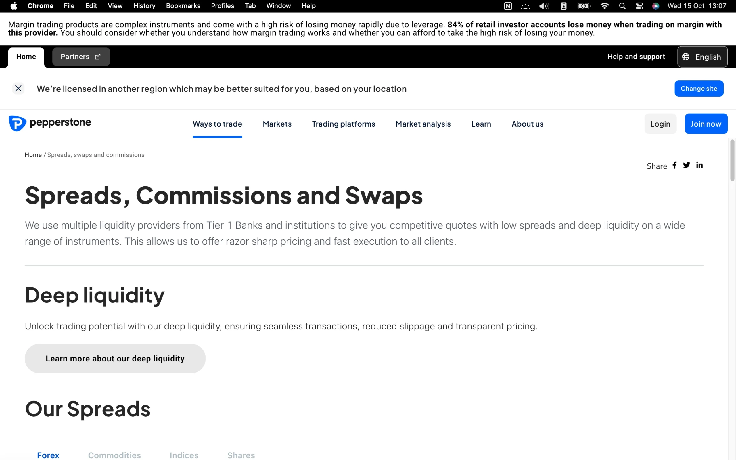 Pepperstone fees page showing the spreads, commissions and swap for all the tradable instruments. Including forex, commodities, indices and shares