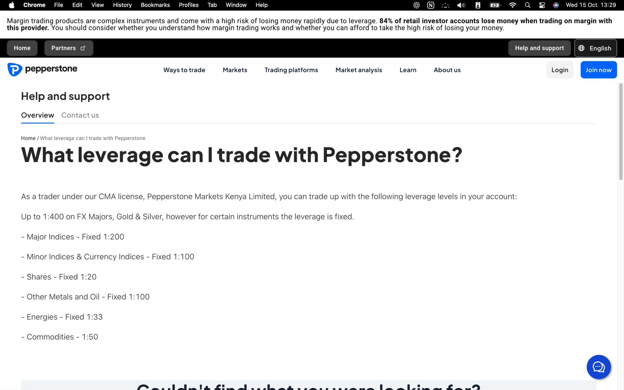 Pepperstone leverage page displaying maximum leverage ratios for different instruments, including forex majors, metals, indices, shares, energies, and commodities.