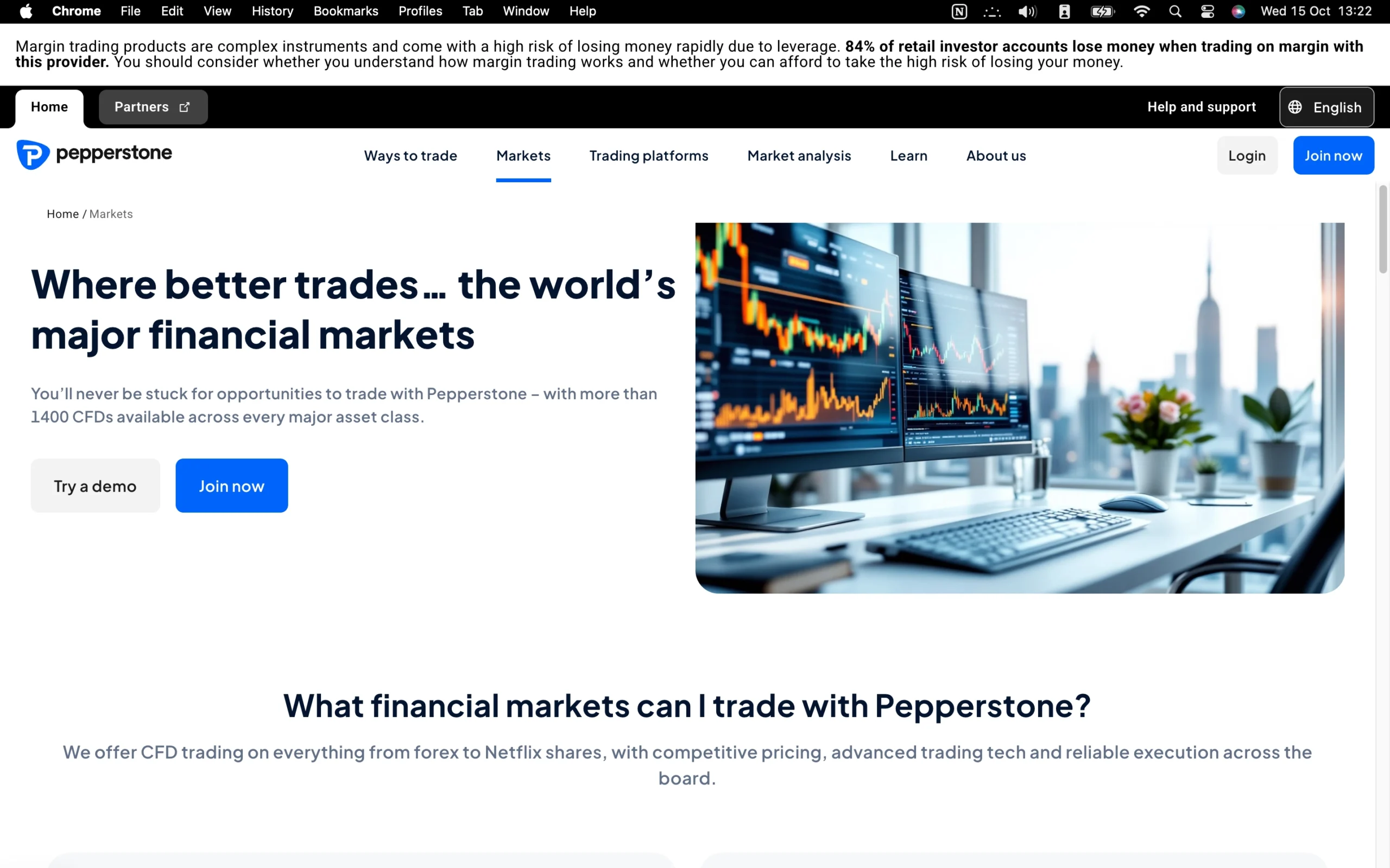 Pepperstone tradable instruments page showing available CFDs, including Forex, Indices, Shares, Commodities, ETFs, and US Shares.