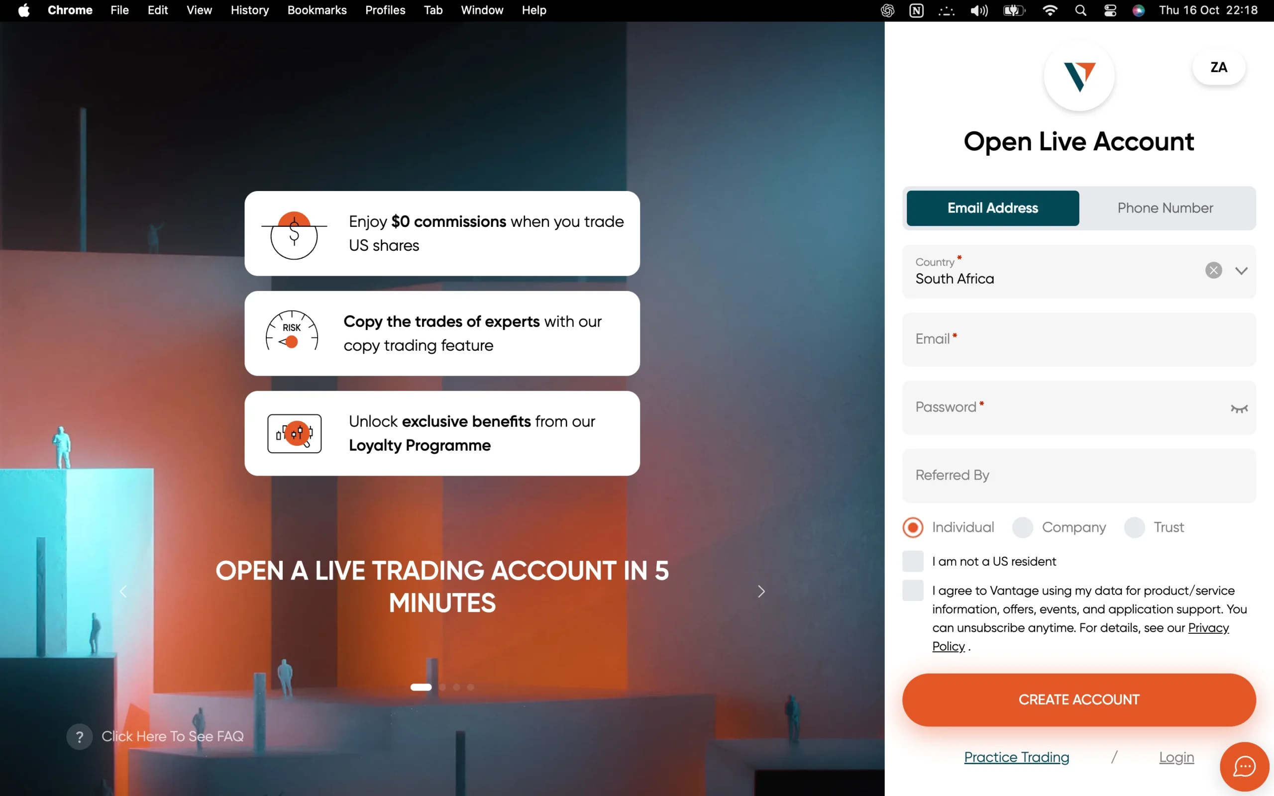 Vantage account opening page where traders can register and open a live trading account by entering their country, email, and password, and agreeing to Vantage’s terms and conditions.