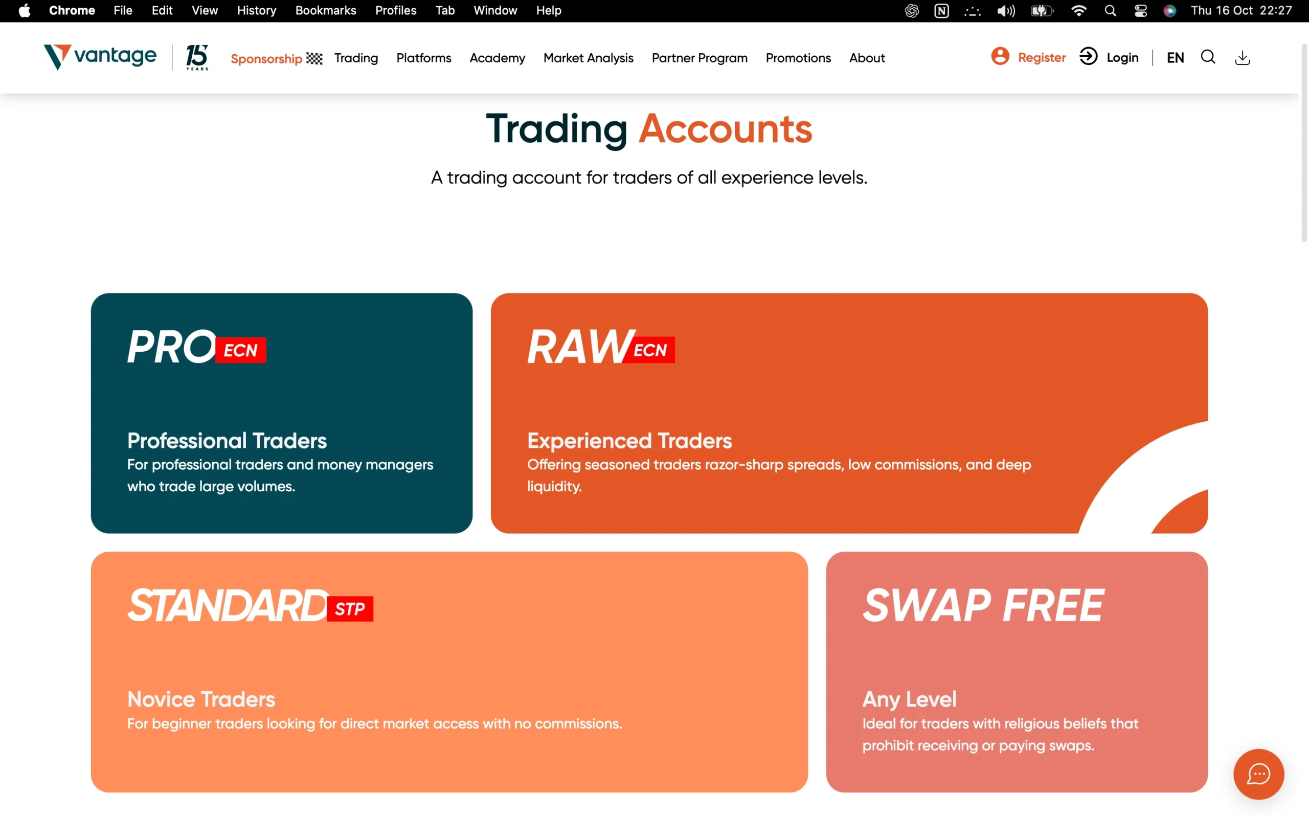 Vantage account types page showing and comparing the different trading accounts offered by Vantage, including the Pro Account, Raw Account, Standard Account, and Swap-Free Account with their key features.