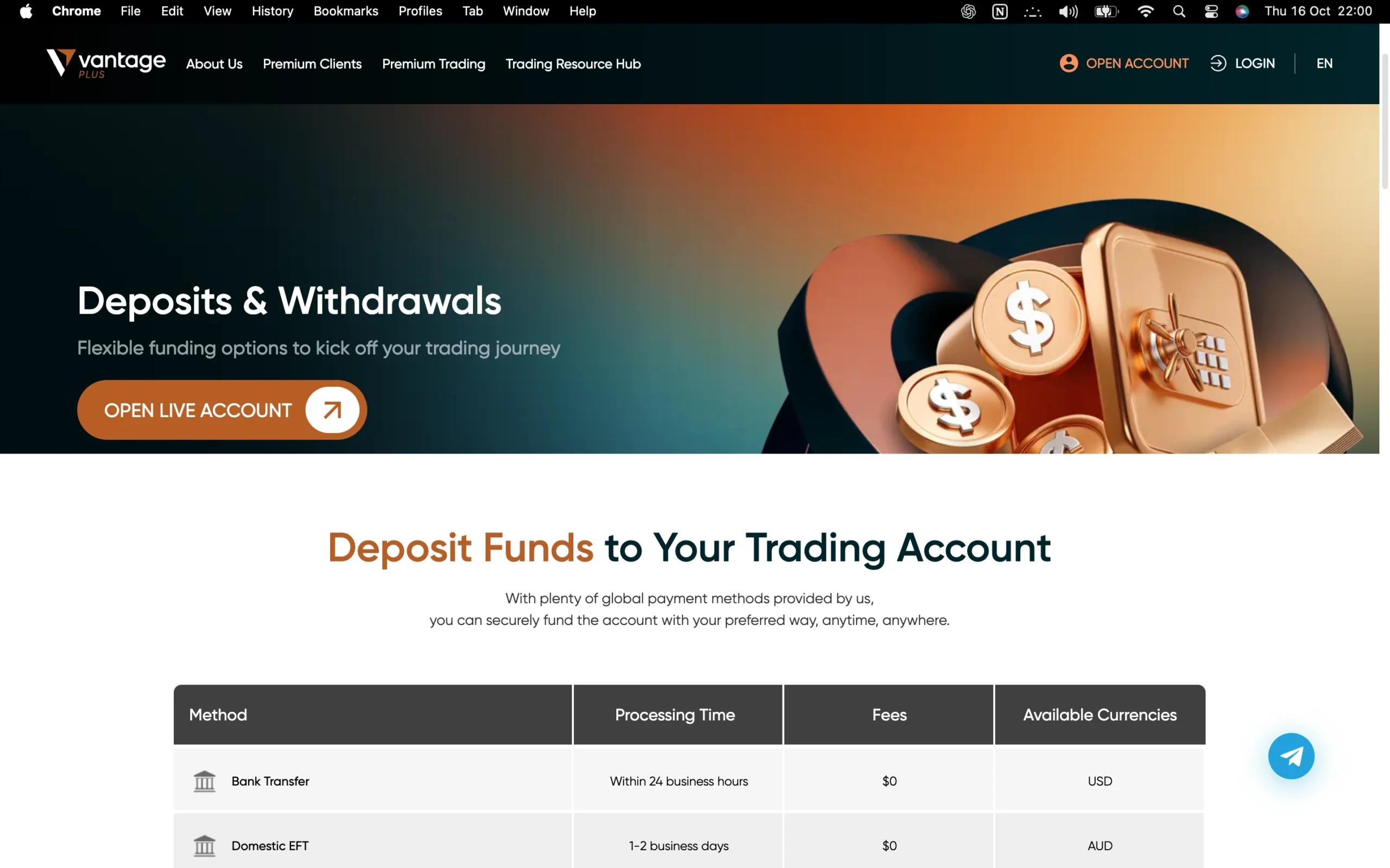 Vantage deposit and withdrawal options page showing all payment methods for clients, including bank transfers, EFT, Google Pay, Apple Pay, credit/debit cards, PayPal, JCB, Neteller, Skrill, AstroPay, FasaPay, Perfect Money, Brazil Instant Bank Transfer, bitwallet, Sticpay, and broker-to-broker transfers.