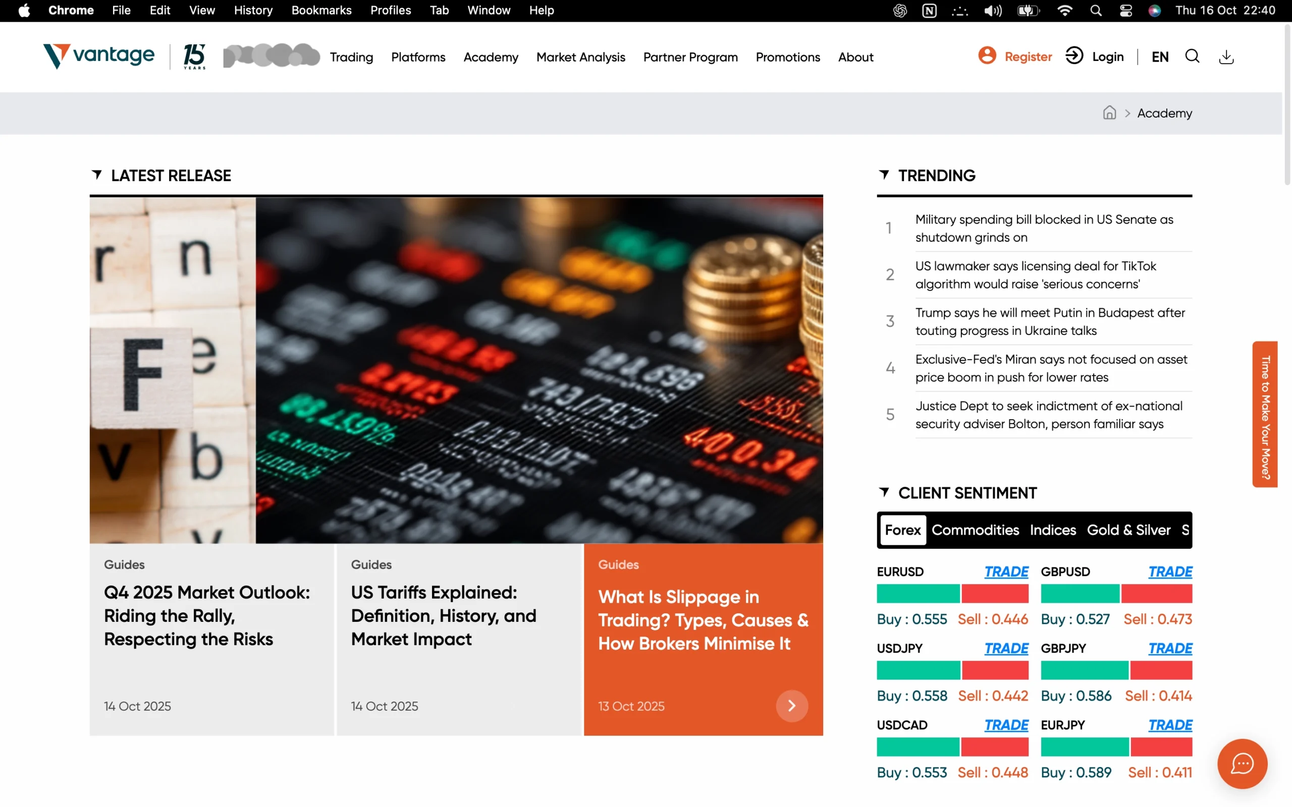 Vantage Academy page featuring trading guides, market sentiment insights, live webinars, and expert trading strategies designed to help traders improve their skills.