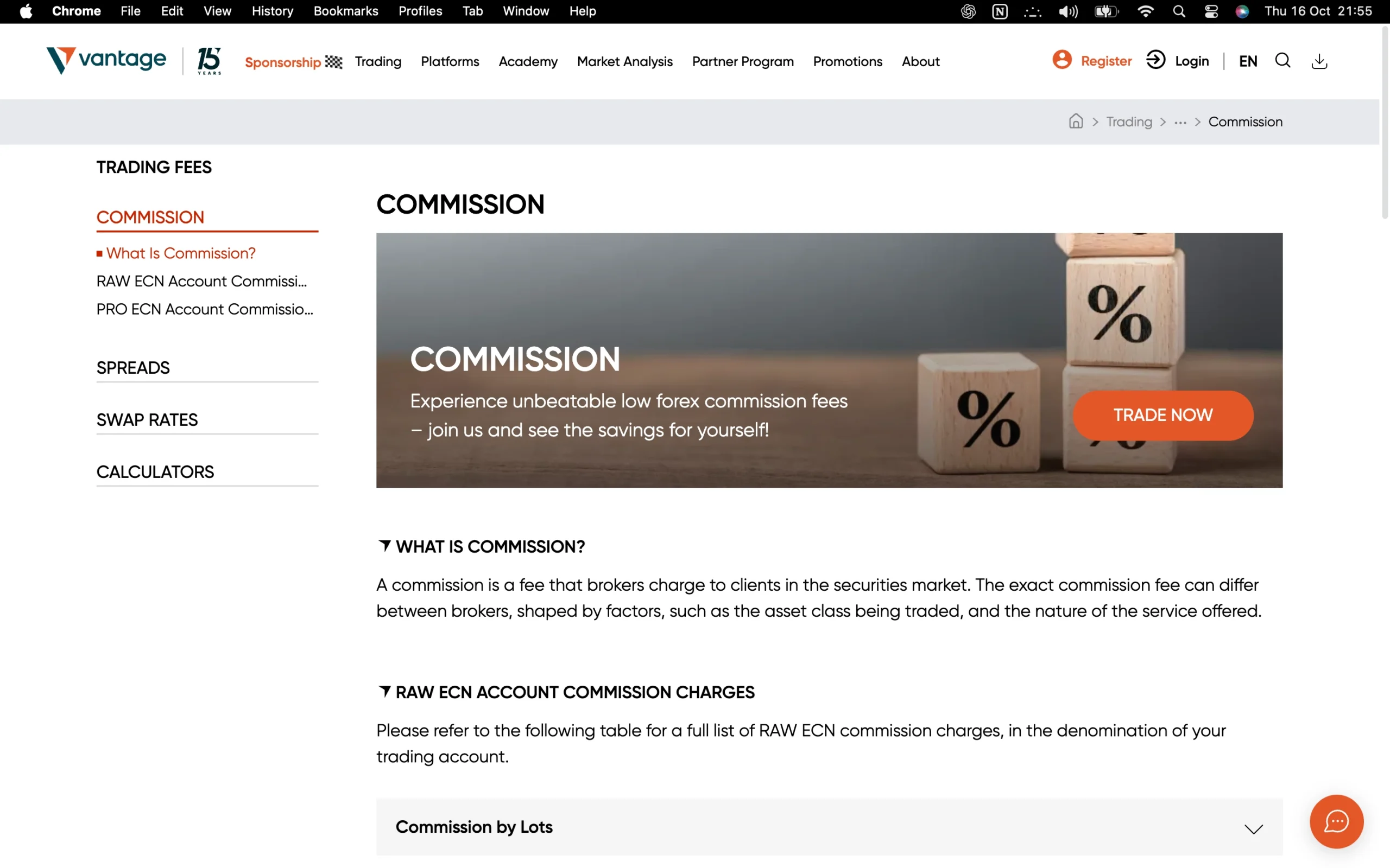 Vantage trading fees and costs page showing commissions, spreads, and swap rates for clients of Vantage Global accounts.