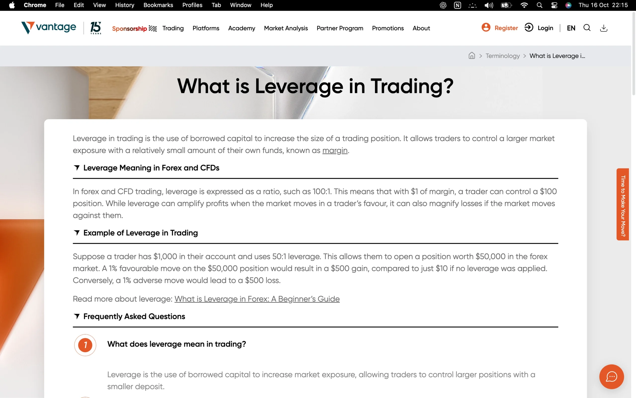 Vantage leverage page explaining how leverage works and displaying the maximum leverage available for each asset class, including bonds, share CFDs, cryptocurrencies, currency pairs, indices, and commodities.