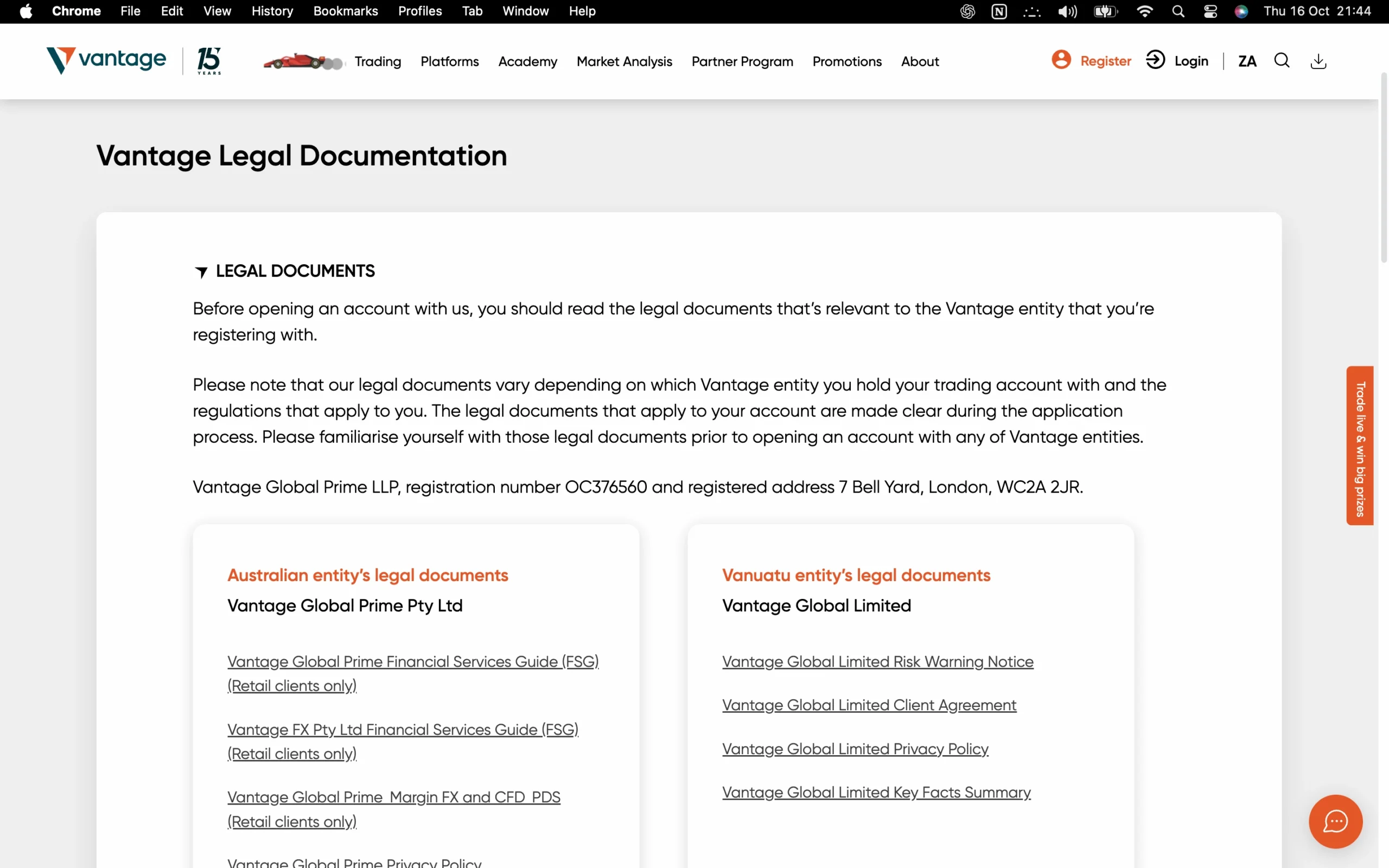 Vantage Global legal documentation page showing licensing, terms and conditions, risk warning, client agreement, privacy policy, and key facts summary for Vantage Global Prime Pty Ltd and Vantage Global Limited.