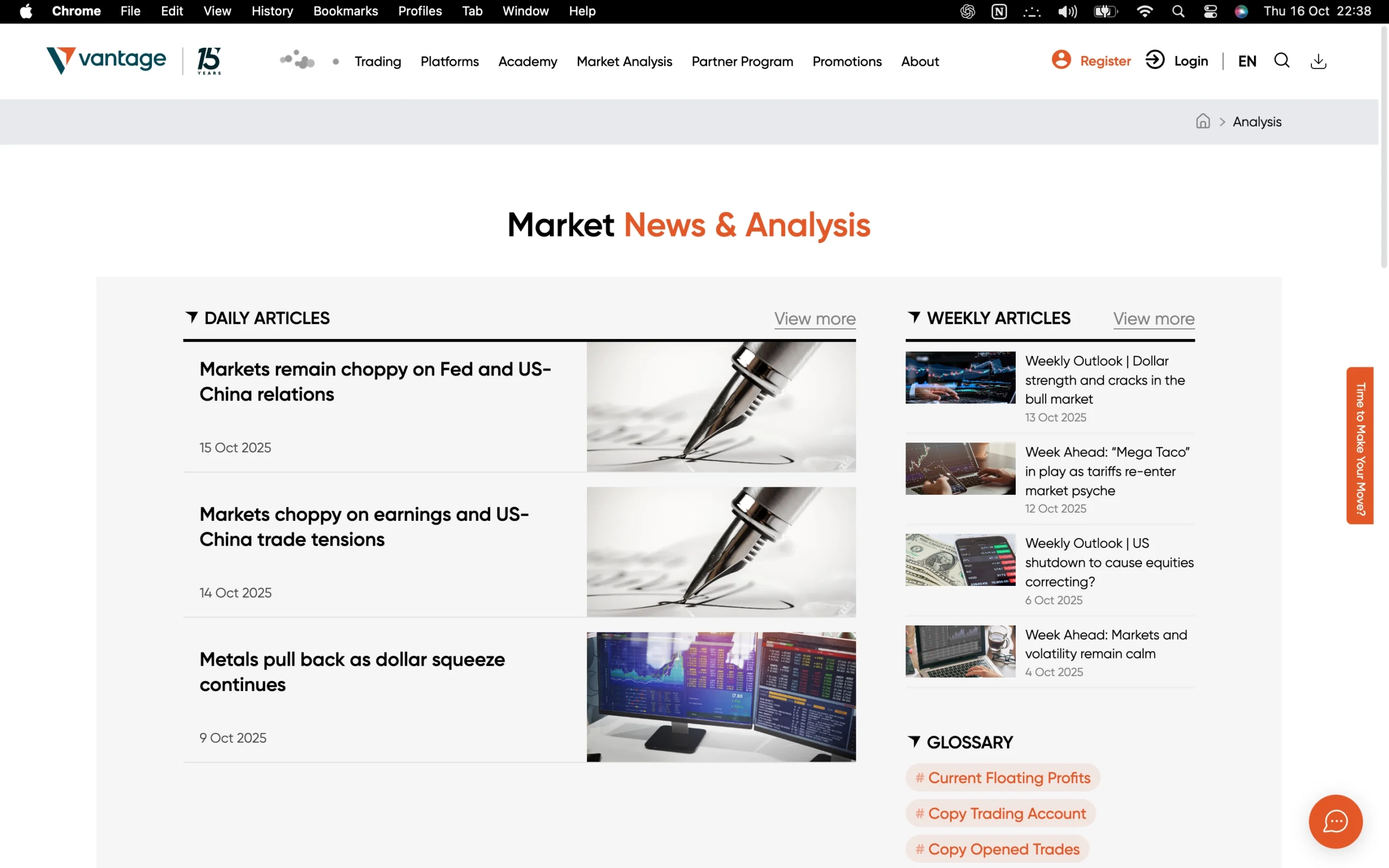 Vantage market analysis page displaying expert market news, daily trading insights, and professional analysis from Vantage analysts and industry experts.