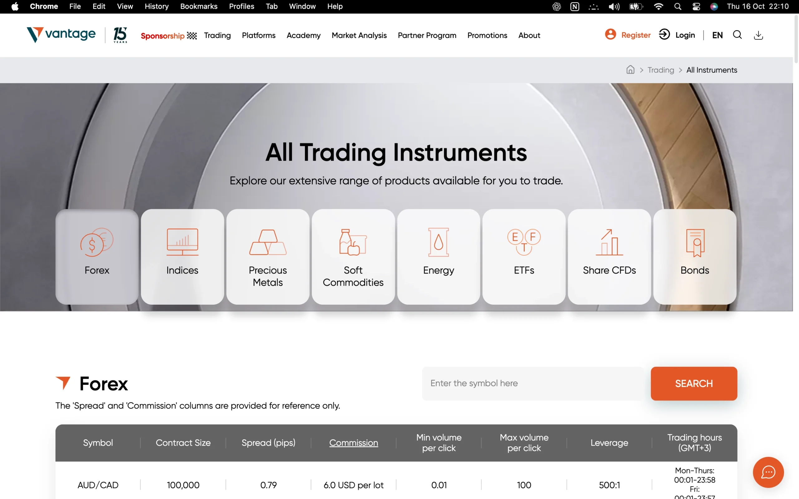Vantage tradable instruments page showing all available trading instruments for clients, including Forex, indices, metals, commodities, energy, ETFs, share CFDs, and bonds.