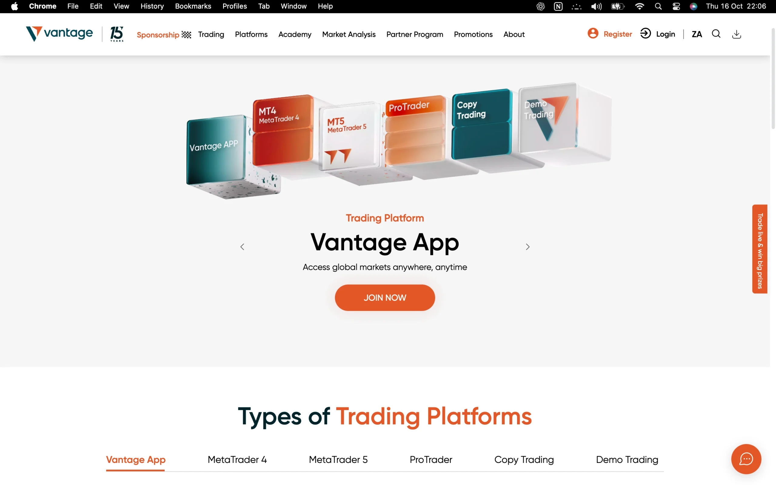 Vantage trading platforms page showing all available platforms for clients, including the Vantage App, MetaTrader 4, MetaTrader 5, ProTrader, and copy trading options.