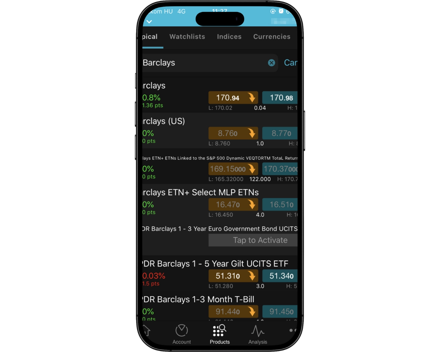 CMC Markets review image showing the CMC Markets mobile app search functions with a search bar to find trading instruments.