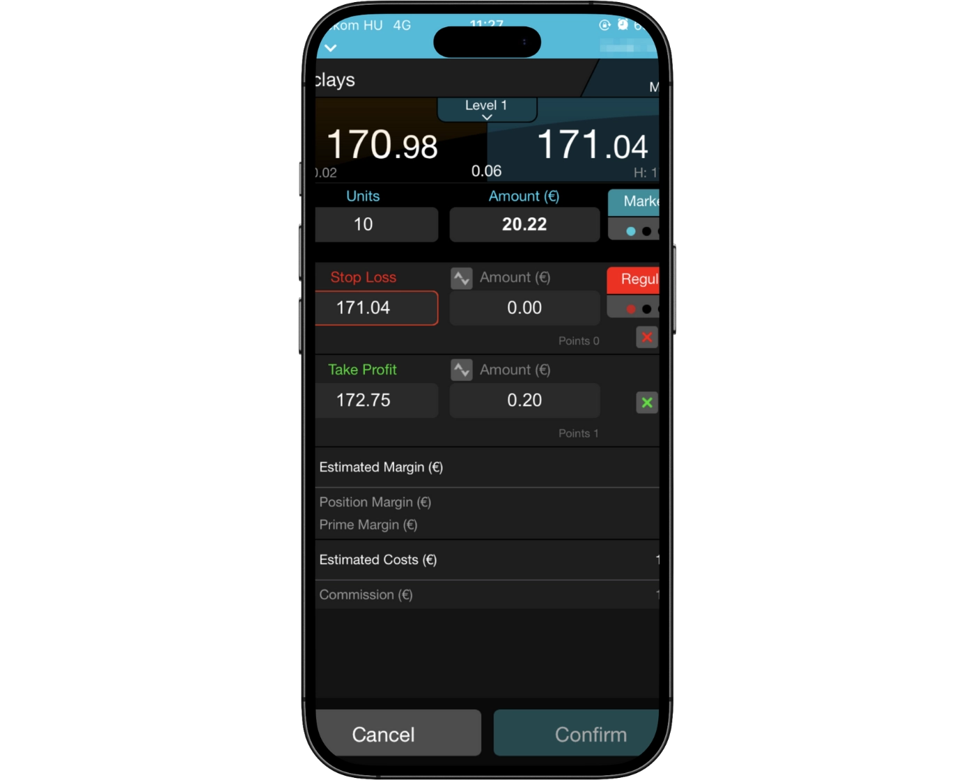 CMC Markets Review image showing the CMC Markets mobile app orders page, including instrument selection, lot size, stop loss, take profit, and buy/sell options.
