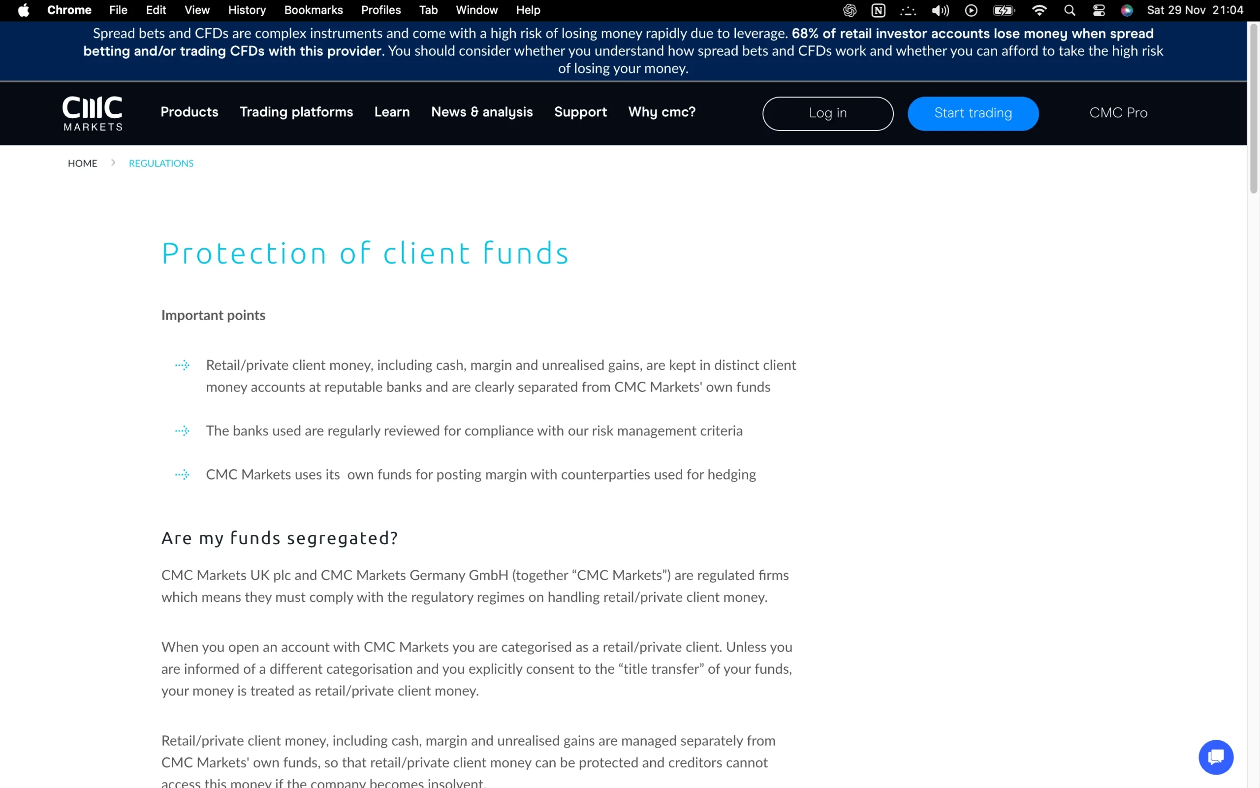 CMC Markets regulation page showing office addresses, regulators, license numbers, and client money protection details for jurisdictions including DFSA, MAS, ASIC, BaFin, FCA, FMA and IIROC.