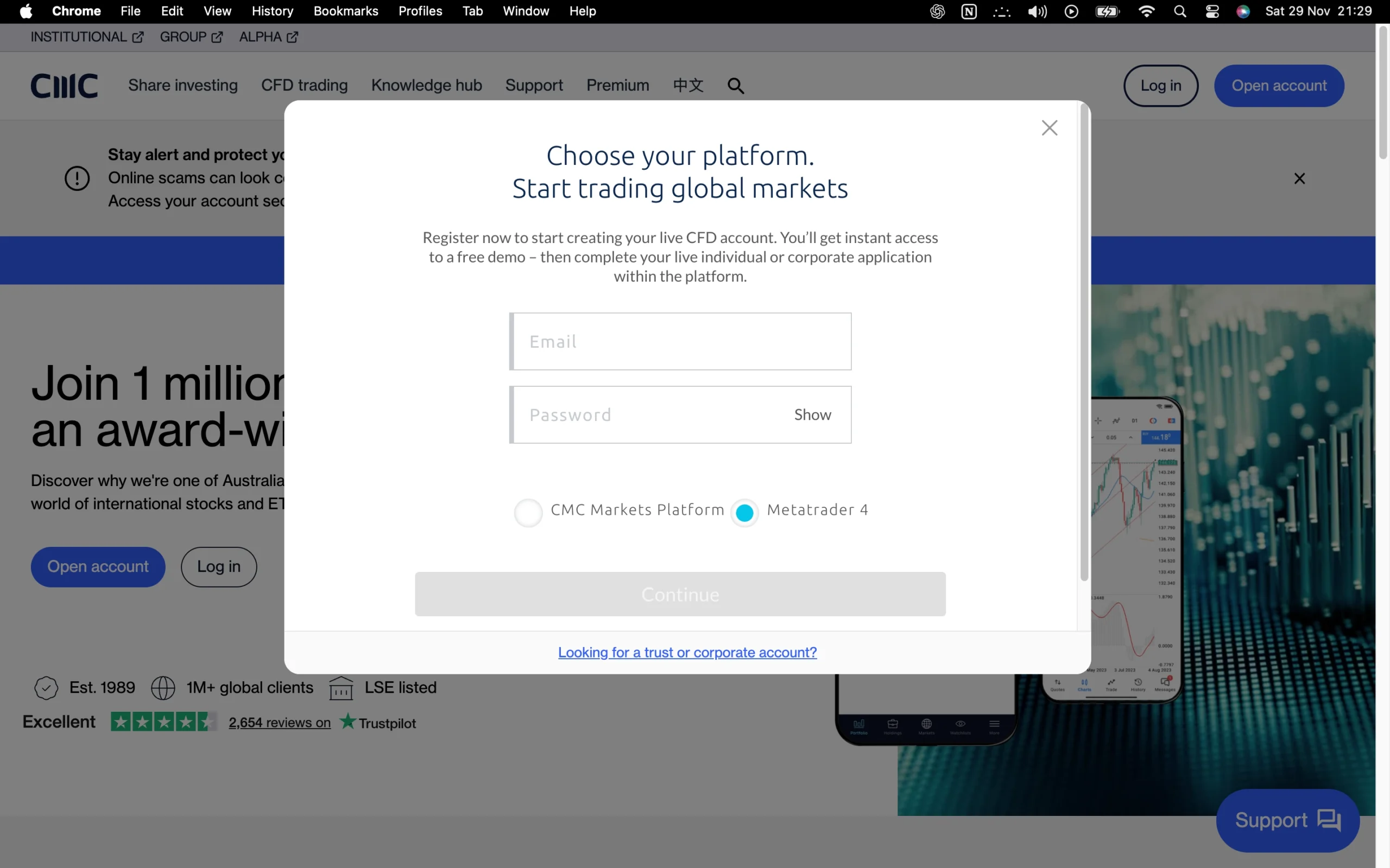 CMC Markets review image showing the account opening page where clients enter personal information to open a trading account.