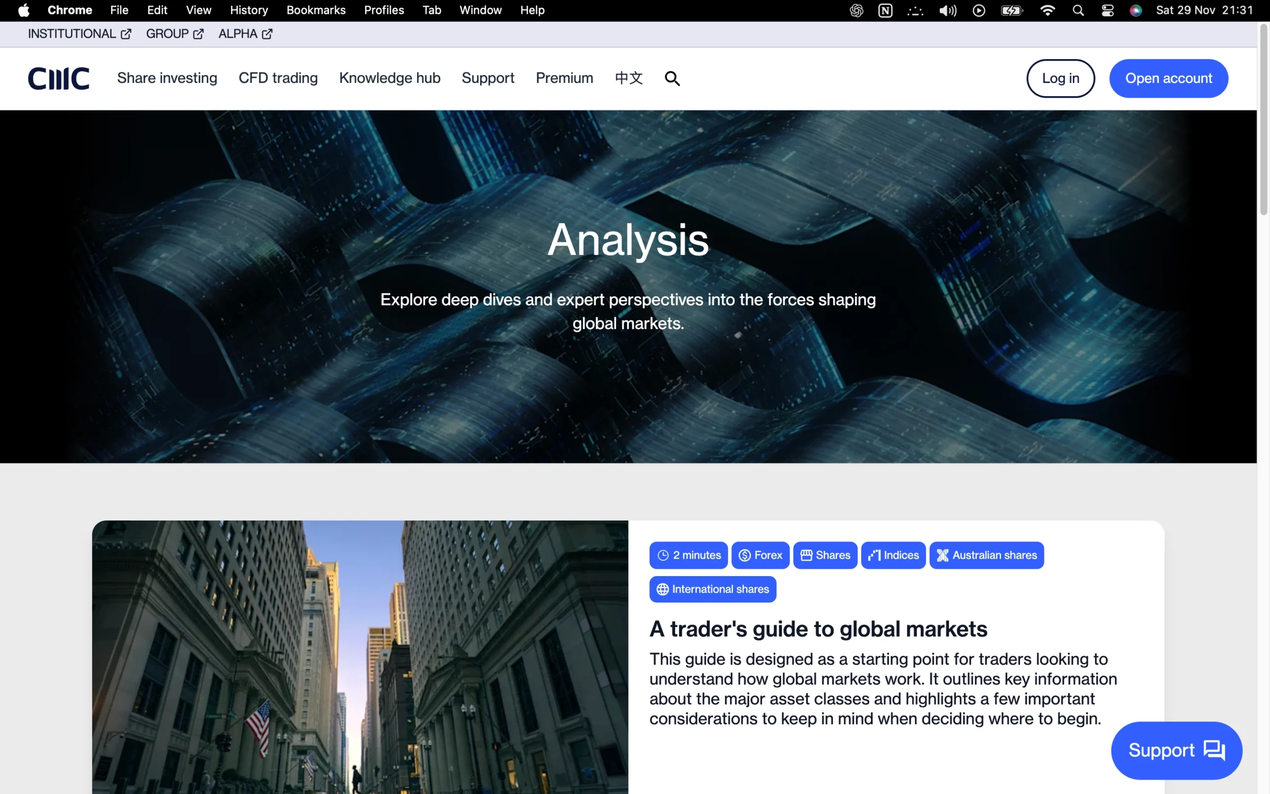 CMC Markets review image showing the market analysis page with news and forecasts from trading professionals.