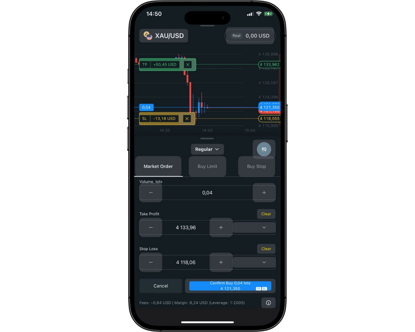 Exness Review image showing the Exness Trade App orders page, including instrument selection, lot size, stop loss, take profit, and buy/sell options.