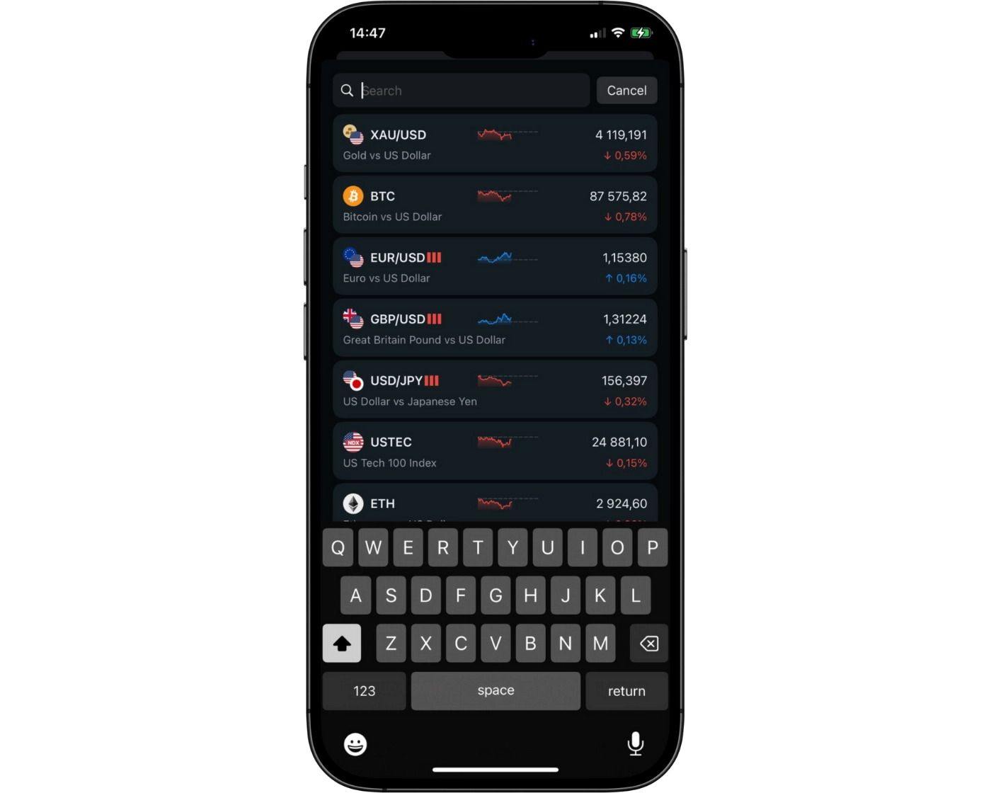 Exness review image showing the Exness Trade App search functions with a search bar to find trading instruments.