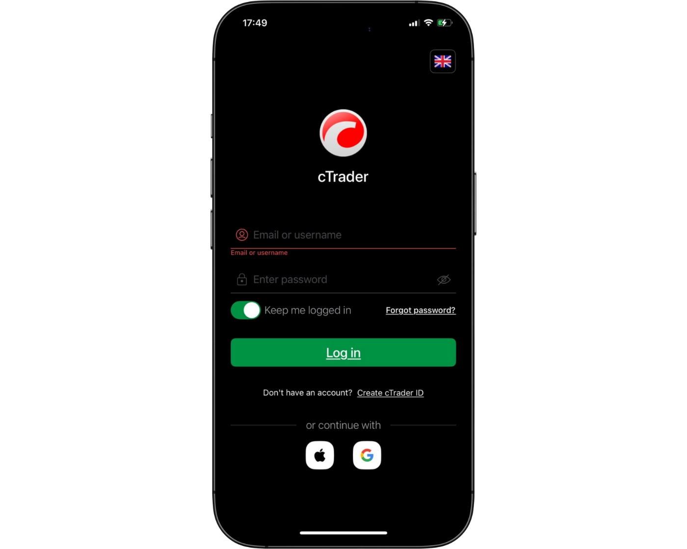 FP Markets review image showing the cTrader login page where clients enter their email and password.