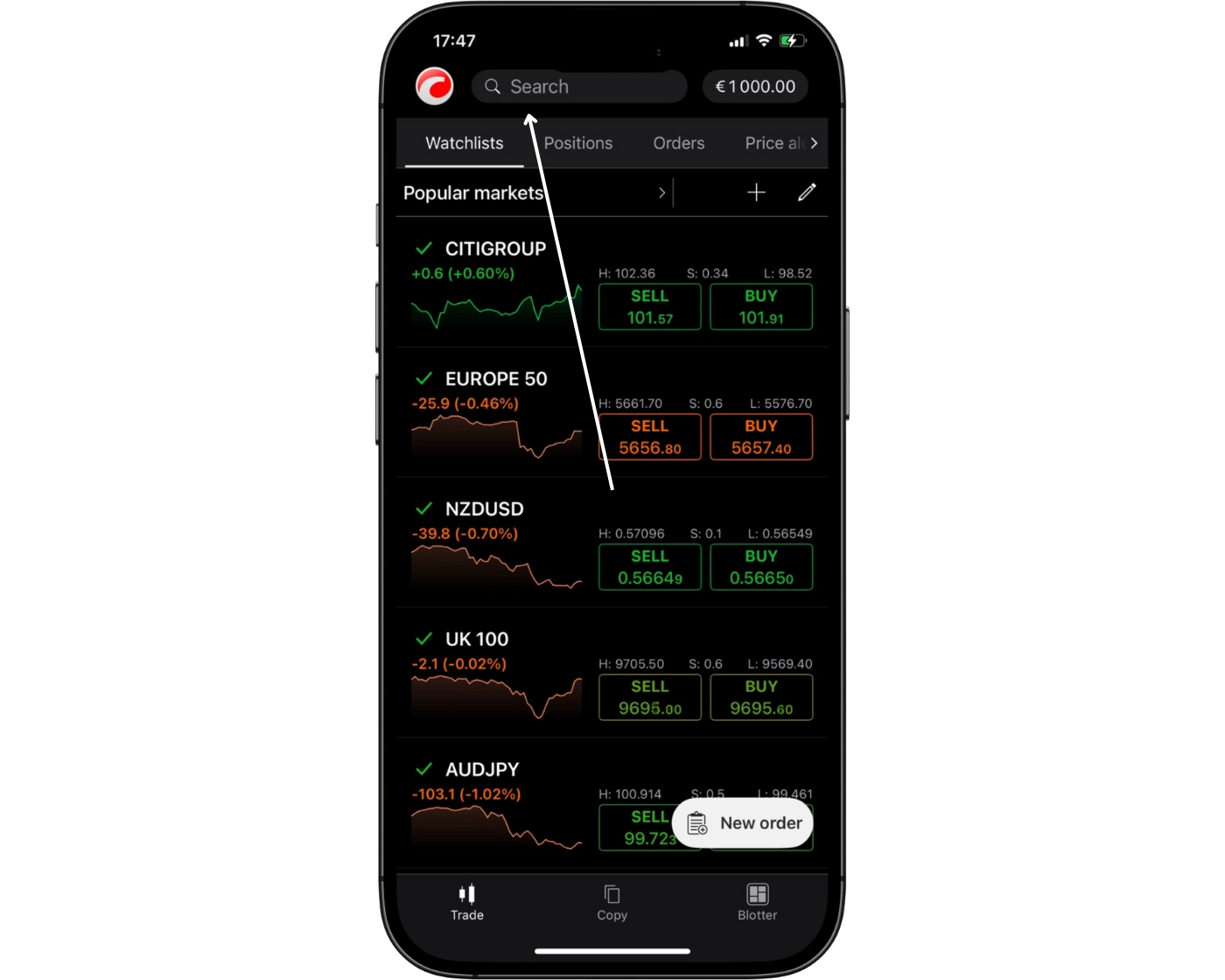 FP Markets review image showing the cTrader mobile search functions with a search bar to find trading instruments.