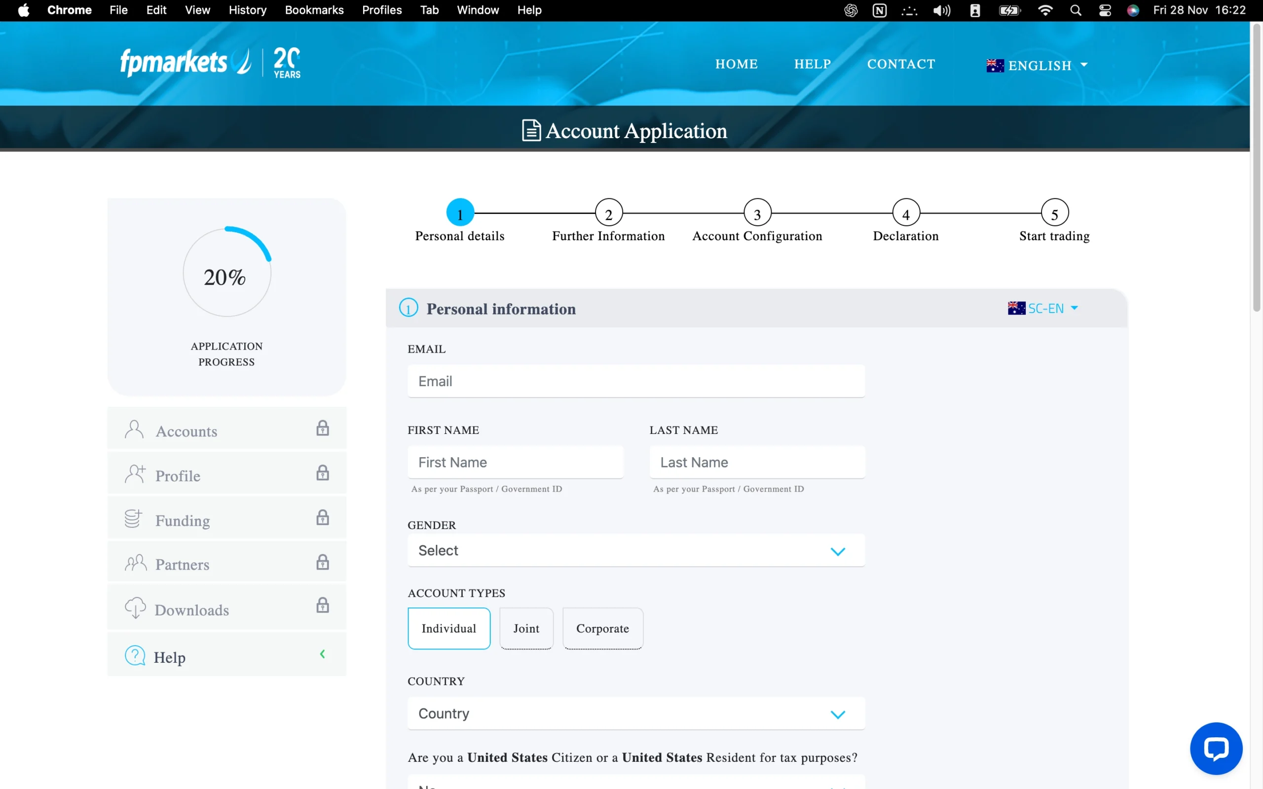 FP Markets review image showing the account opening page where clients enter personal information to open a trading account.