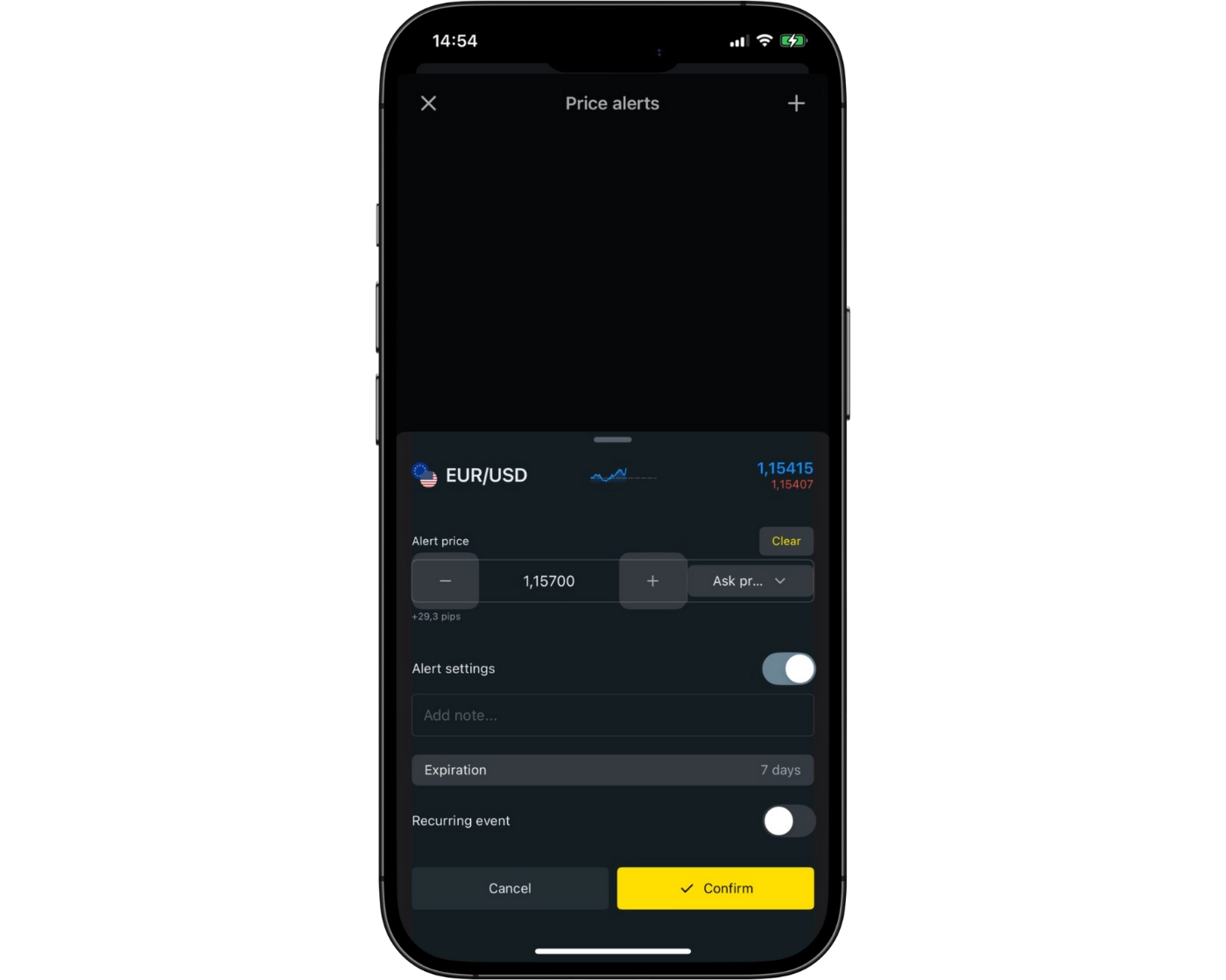 Exness Review image showing the Exness Trade App alerts and notifications page, where traders can set price alerts on instruments.