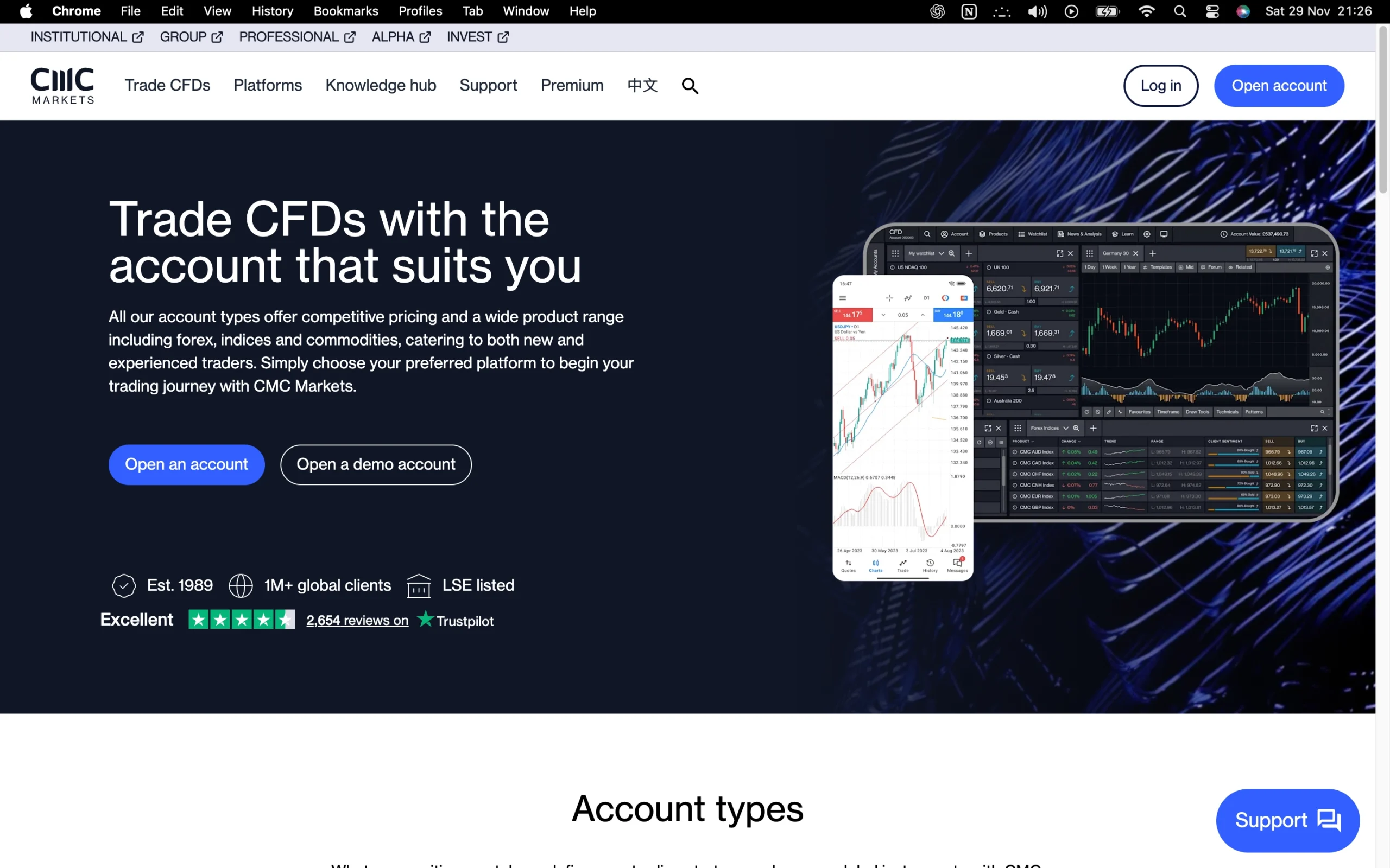 CMC Markets review image showing available account types, including Standard, FX Active and Demo trading accounts.