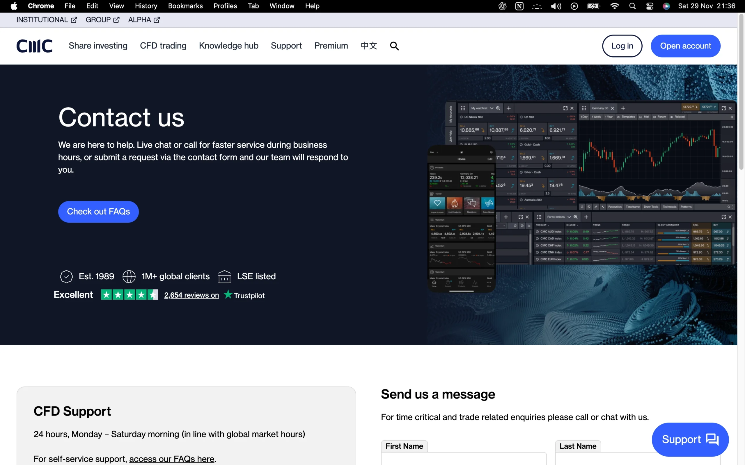 CMC Markets review image showing customer support options including a contact form, live chat, phone number and help center.