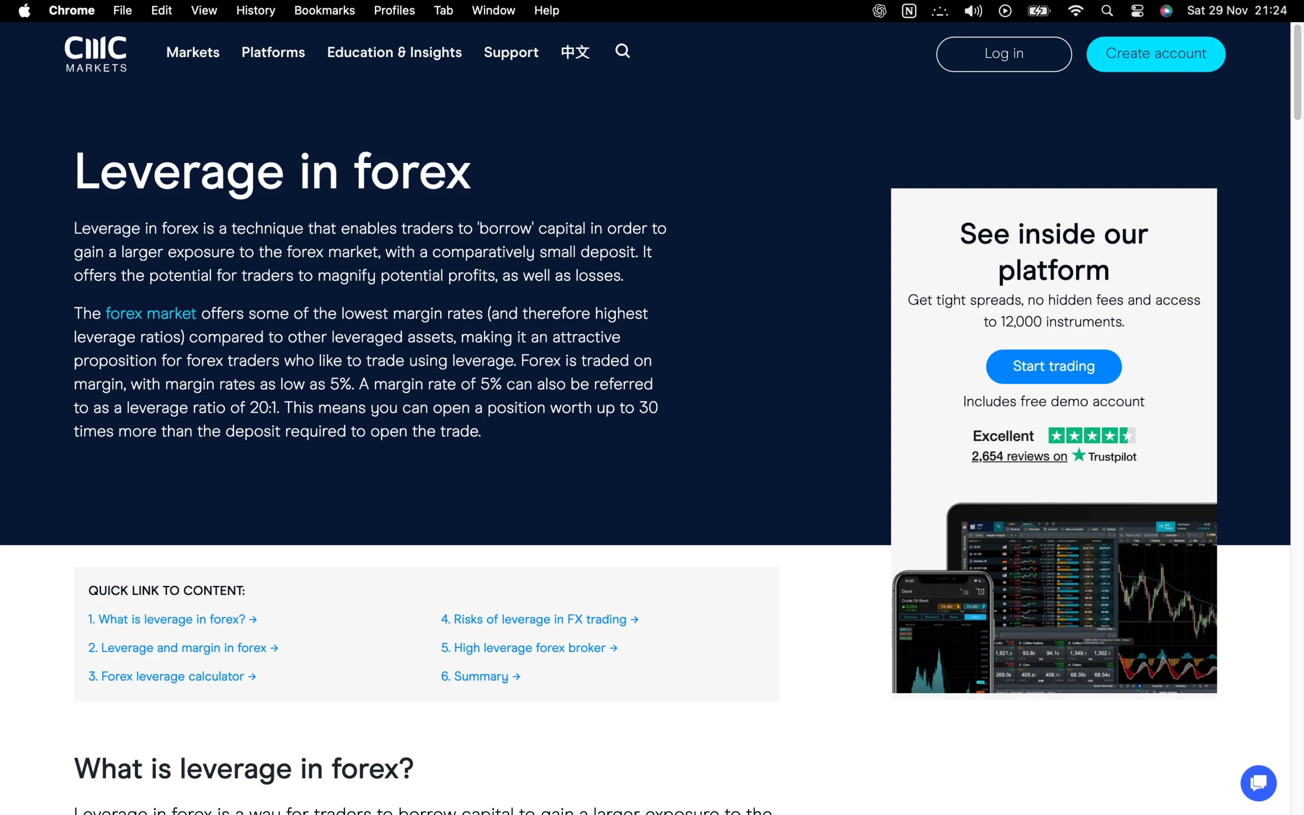 CMC Markets review image showing maximum leverage for each tradable instrument, including FX majors, FX minors, Indices, Metals, Energies, Commodities and Shares.