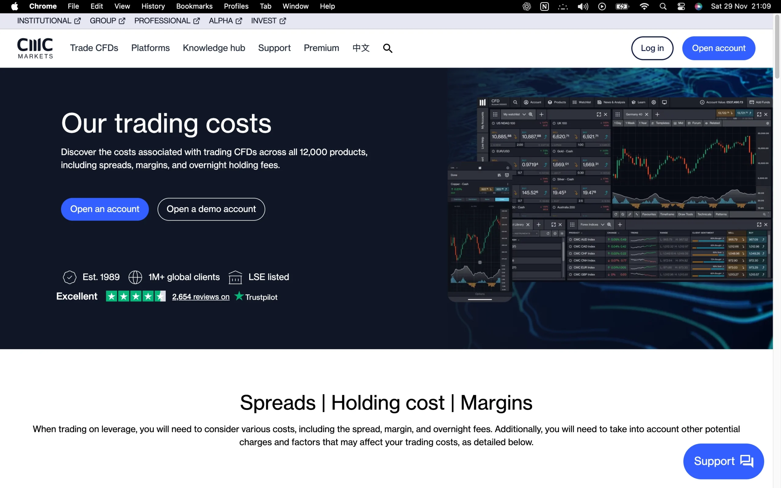 CMC Markets review image showing the broker’s trading fees, including live spreads, commissions, and swap rates across Forex, commodities, indices, and share CFDs.