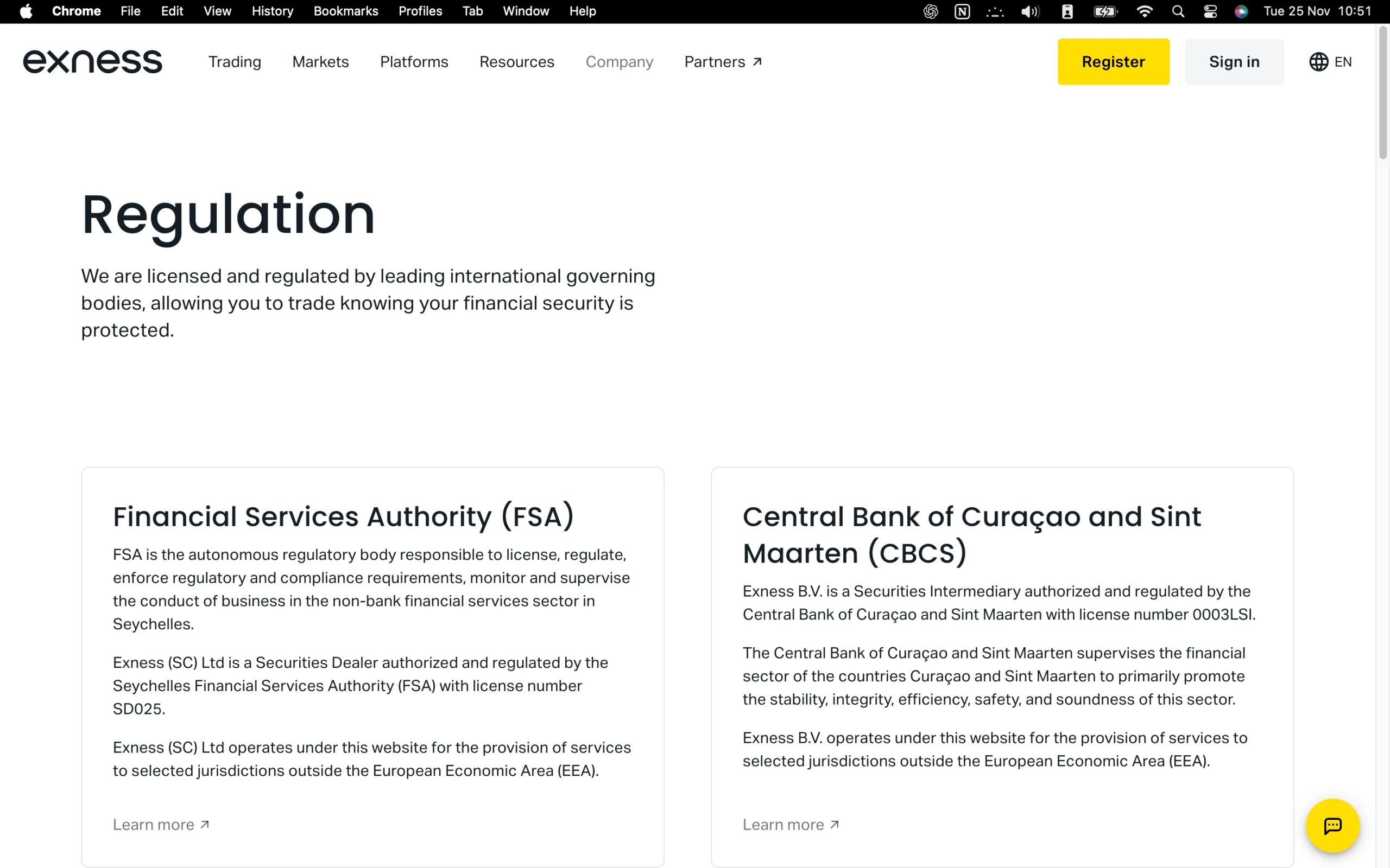 Exness Regulation page showing office addresses, regulators, license numbers, and client money protection details for jurisdictions including FSA, CBCS, FSC, FSCA, CySEC, FCA, CMA and JSC.