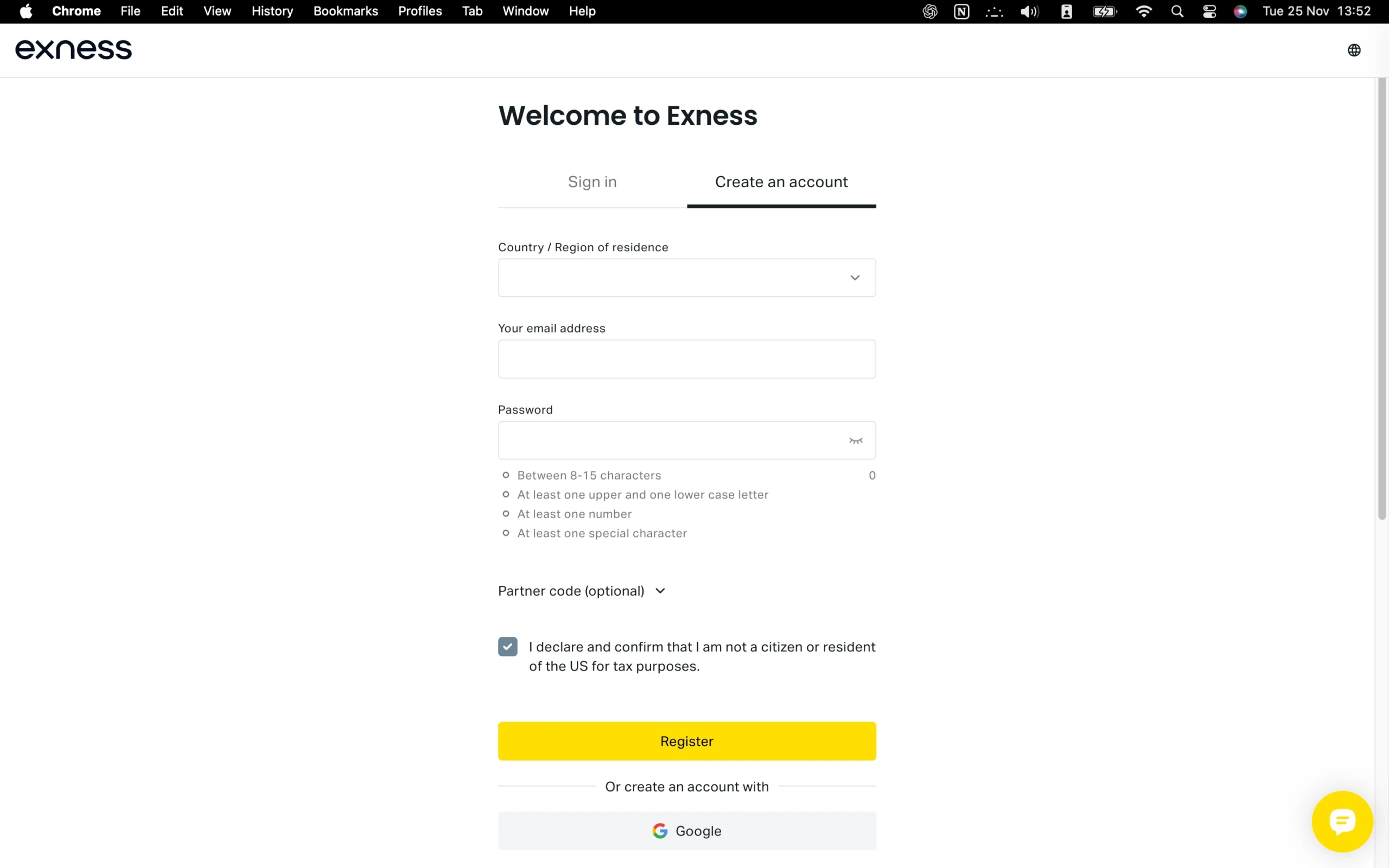 Exness review image showing the account opening page where clients enter personal information to open a trading account.