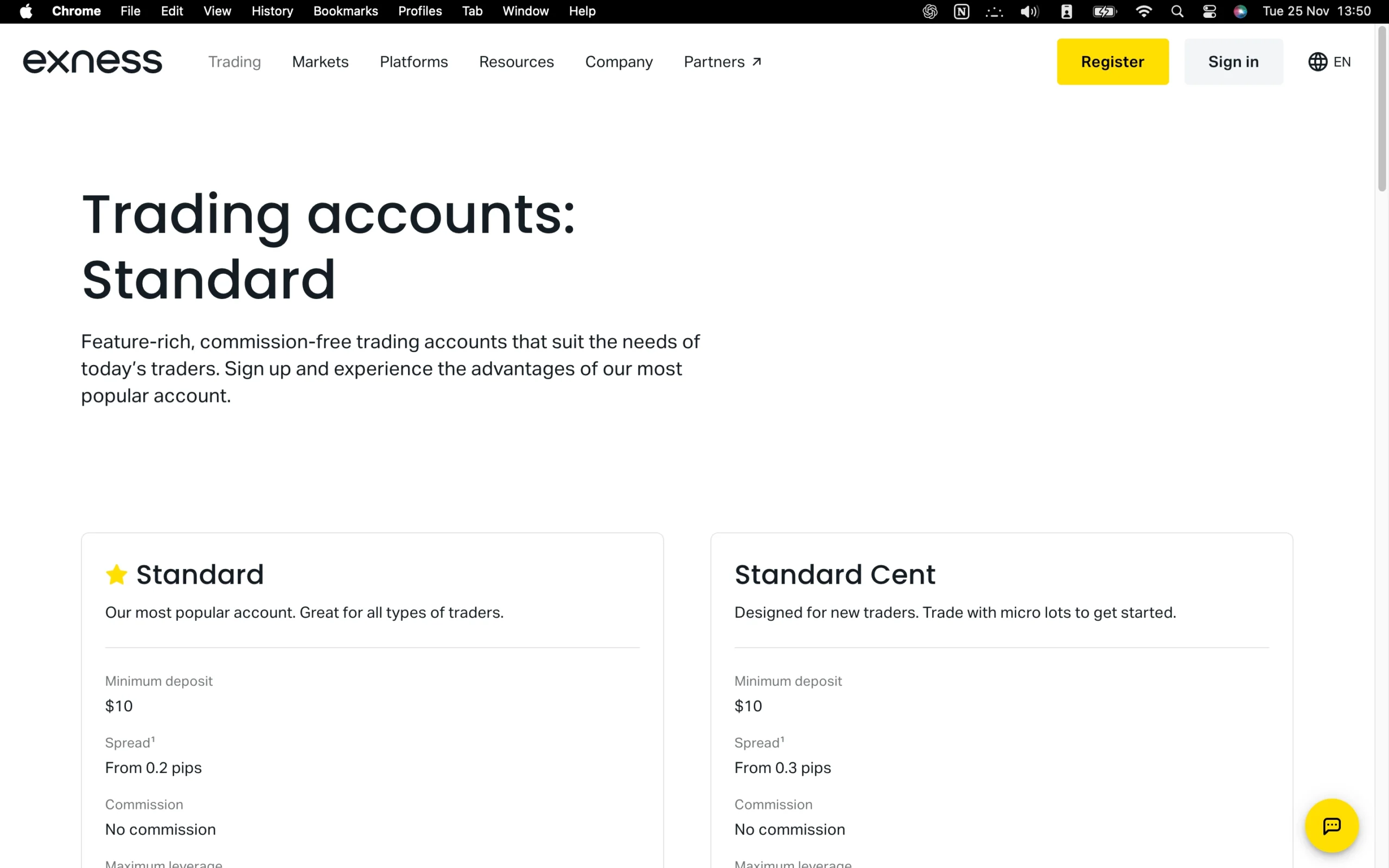 Exness review image showing available account types, including Standard, Professional and Demo trading accounts.