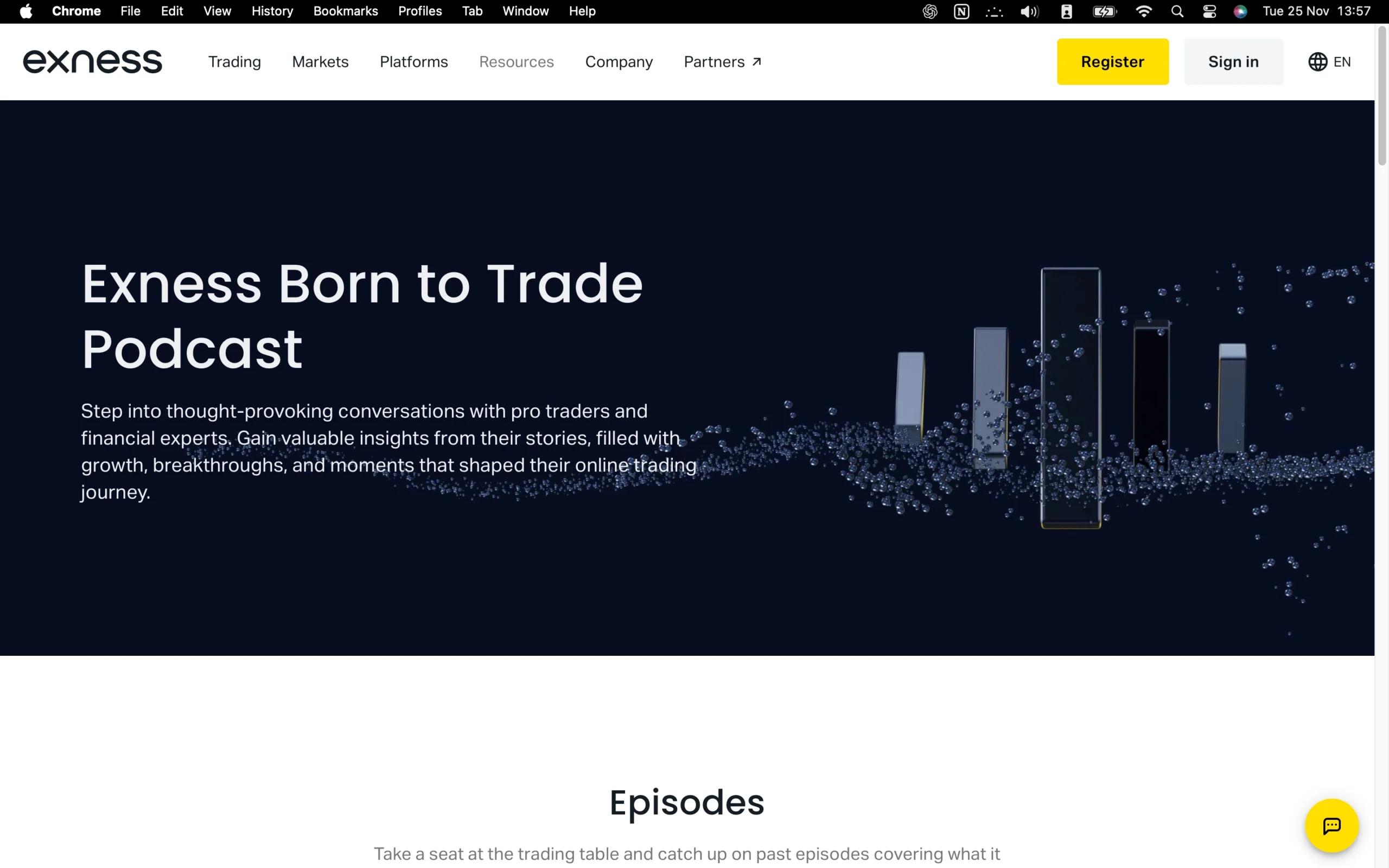 Exness review image showing the education page with trading guides and educational material for clients.