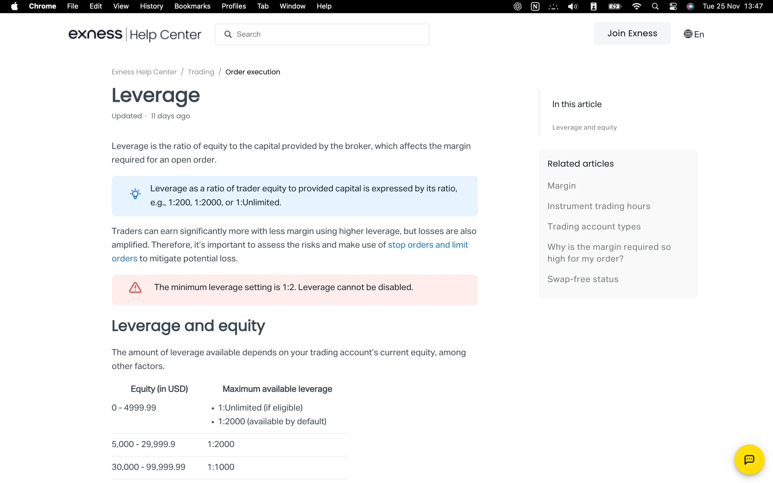 Exness review image showing maximum leverage for each tradable instrument, including FX majors, FX minors, Indices, Metals, Energies, Commodities and Stocks.