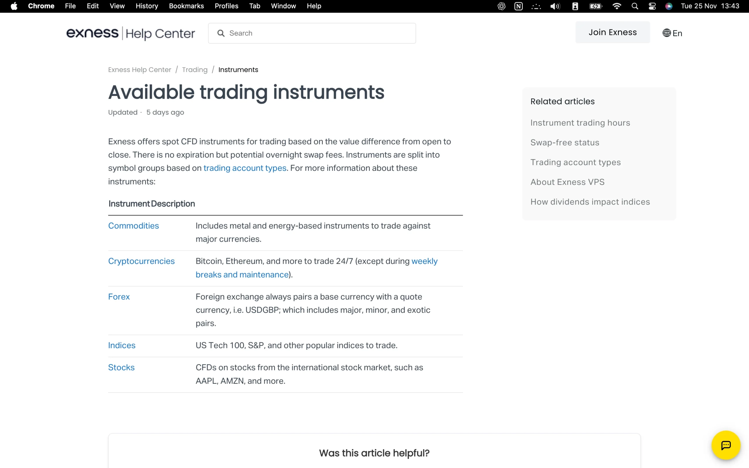 Exness review image showing all tradable instruments Exness offers, including Commodities, Cryptocurrencies, Forex, Indices and Stocks.