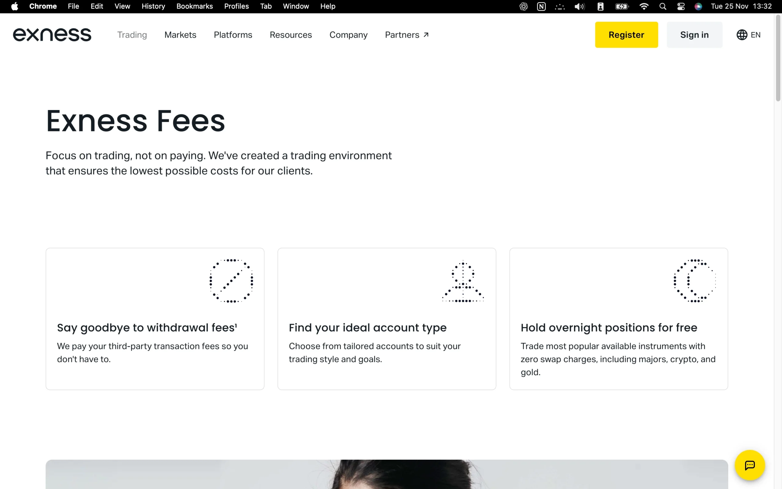 Exness review image showing the broker’s trading fees, including live spreads, commissions, and swap rates across Forex, commodities, indices, and share CFDs.