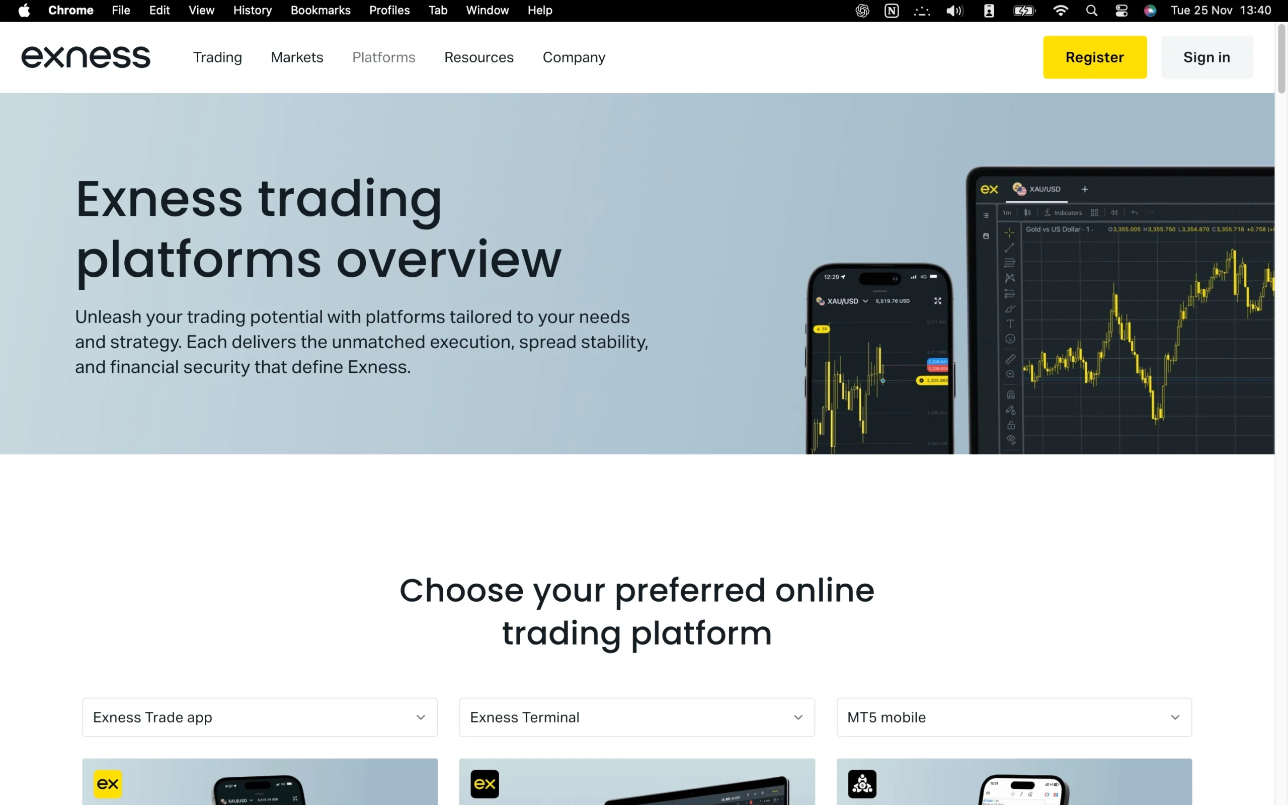 Exness review image showing the trading platforms available to clients, including MT4, MT5, Exness Terminal, and the Exness Trade App.