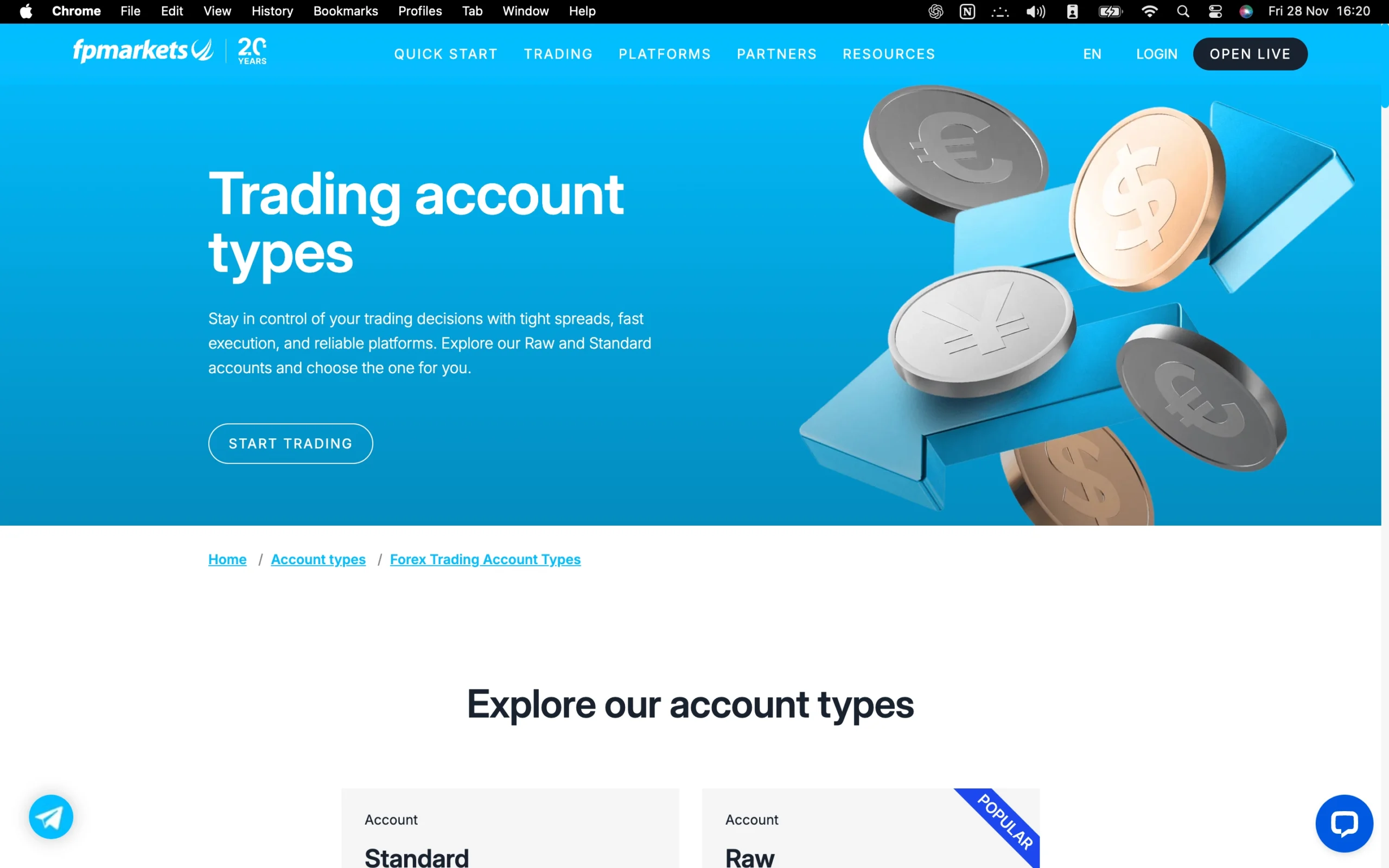 FP Markets review image showing available account types, including Standard, Raw and Demo trading accounts.