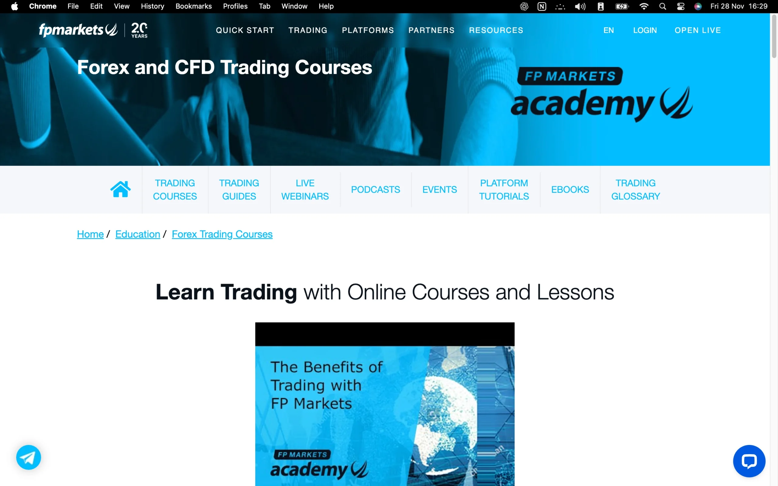 FP Markets review image showing the education page with trading guides and educational material for clients.