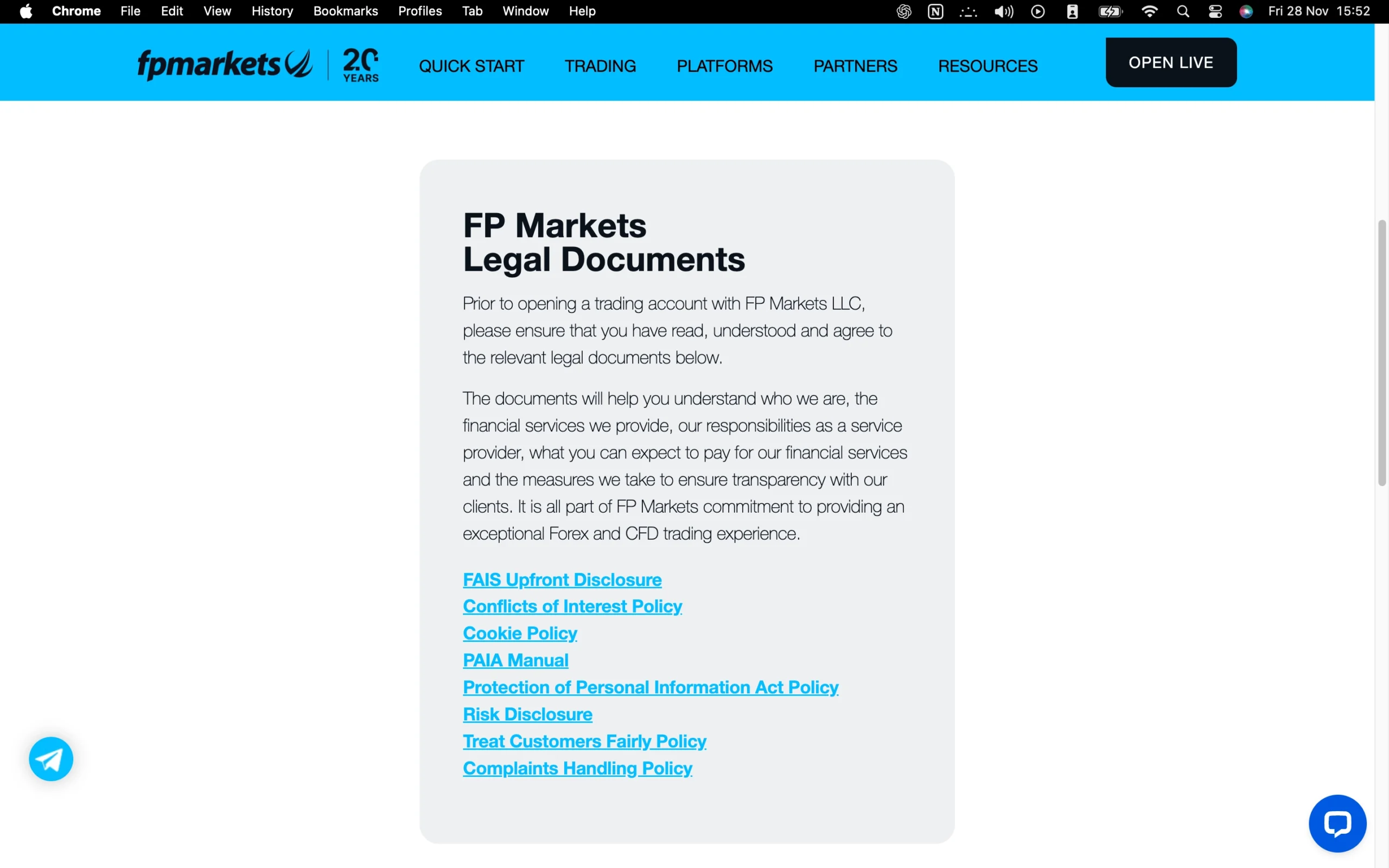 FP Markets regulation page showing office addresses, regulators, license numbers, and client money protection details for jurisdictions including FSA, FSC, CySEC, CMA, FSCA, and ASIC.