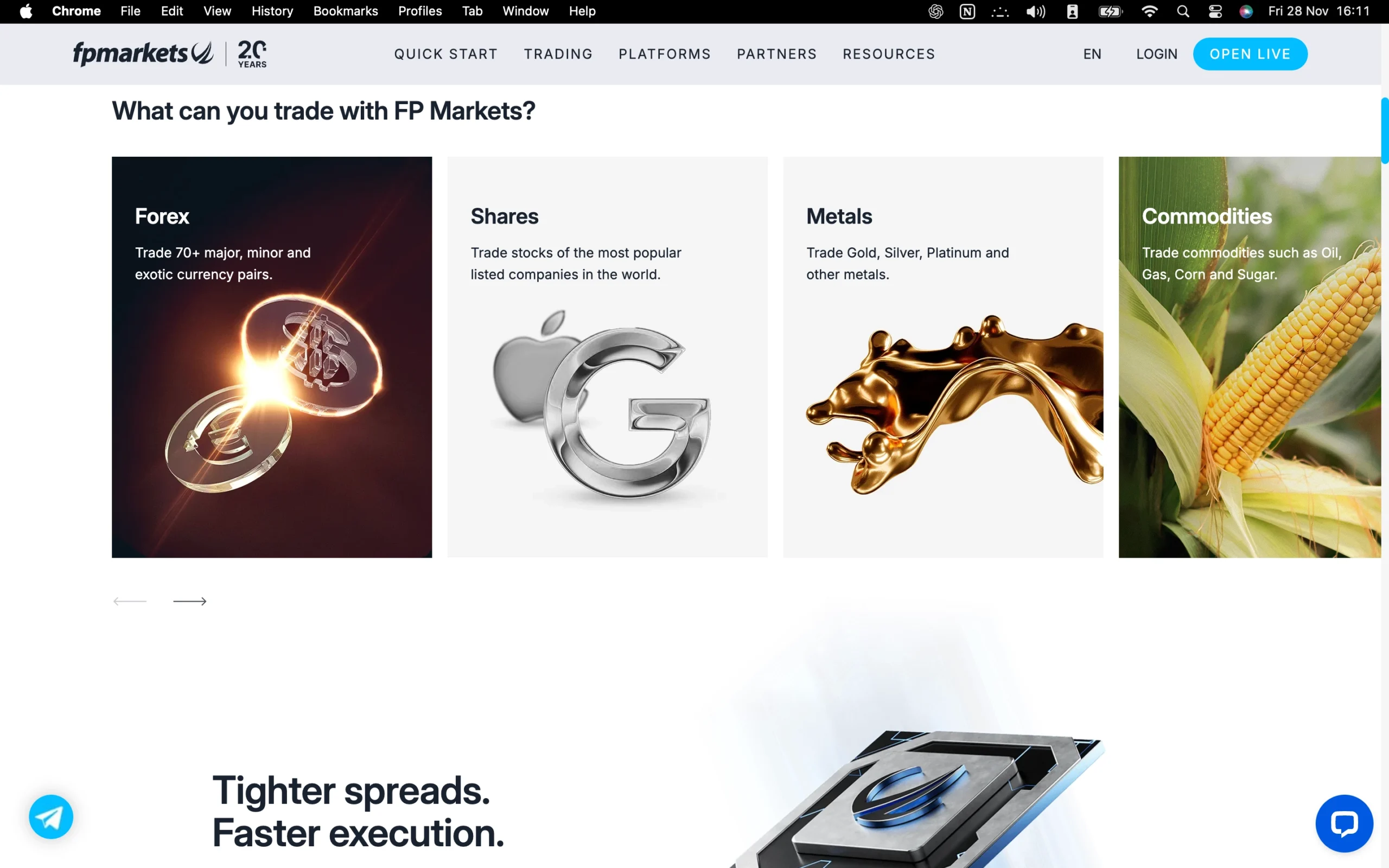 FP Markets review image showing all tradable instruments FP Markets offers, including Commodities, Cryptocurrencies, Forex, Indices and Stocks and Shares.