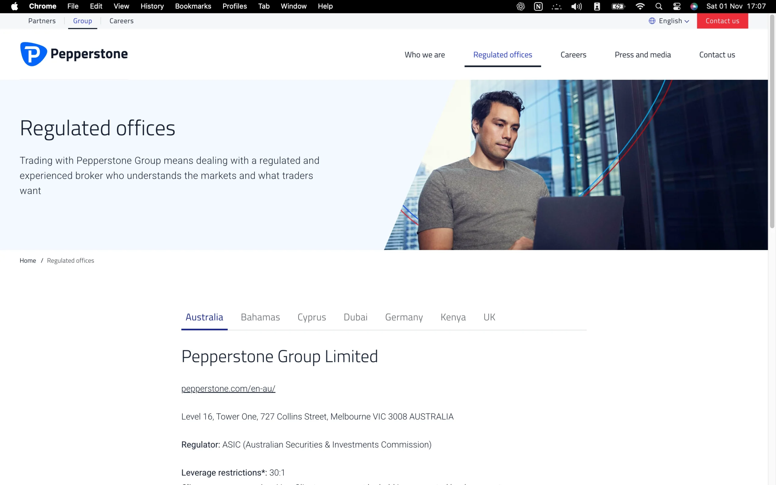 Pepperstone Regulation page showing office addresses, regulators, license numbers, and client money protection details for jurisdictions including Australia, Bahamas, Cyprus, Dubai, Germany, Kenya, and the UK.