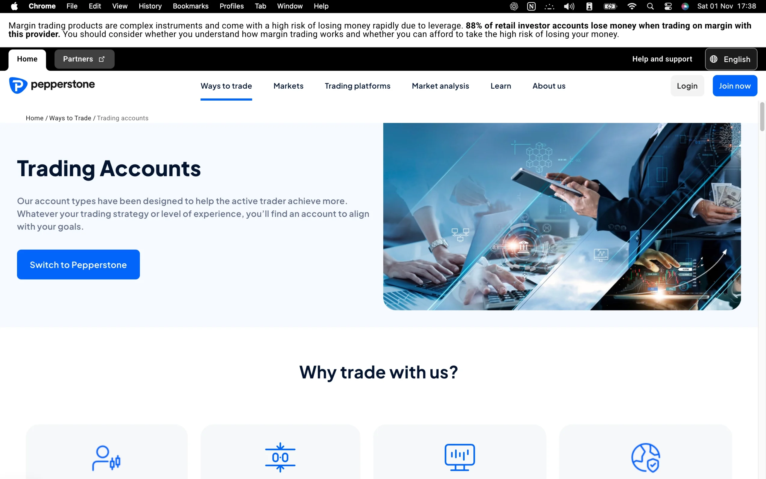 Pepperstone review image showing available account types, including Standard and Razor accounts.