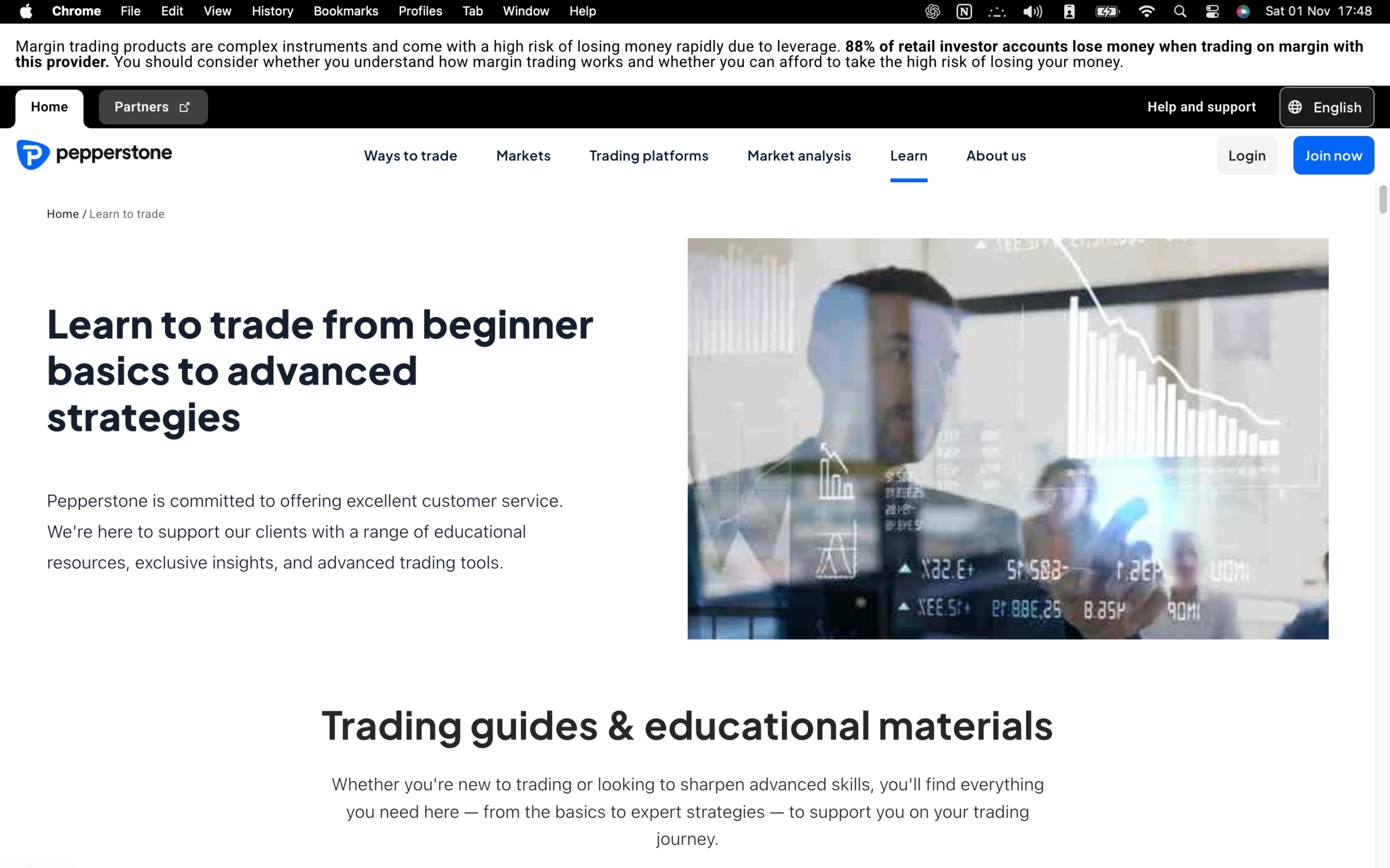 Pepperstone review image showing the education page with trading guides and educational material for clients.