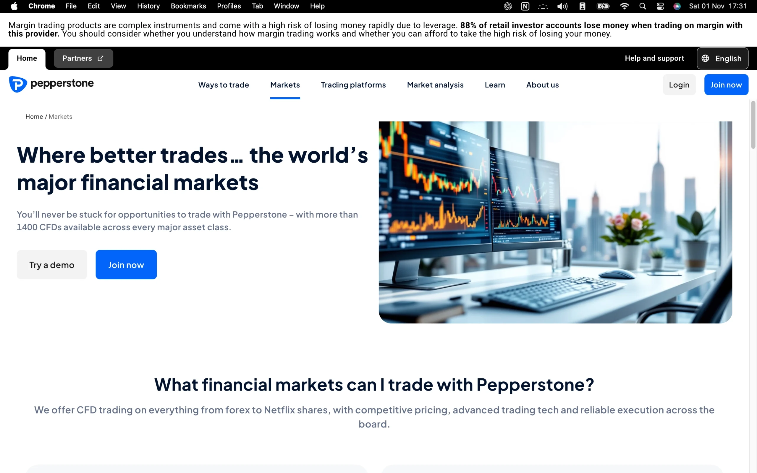 Pepperstone review image showing all tradable instruments, including Forex, Indices, Shares, Commodities, ETFs, and US Shares.