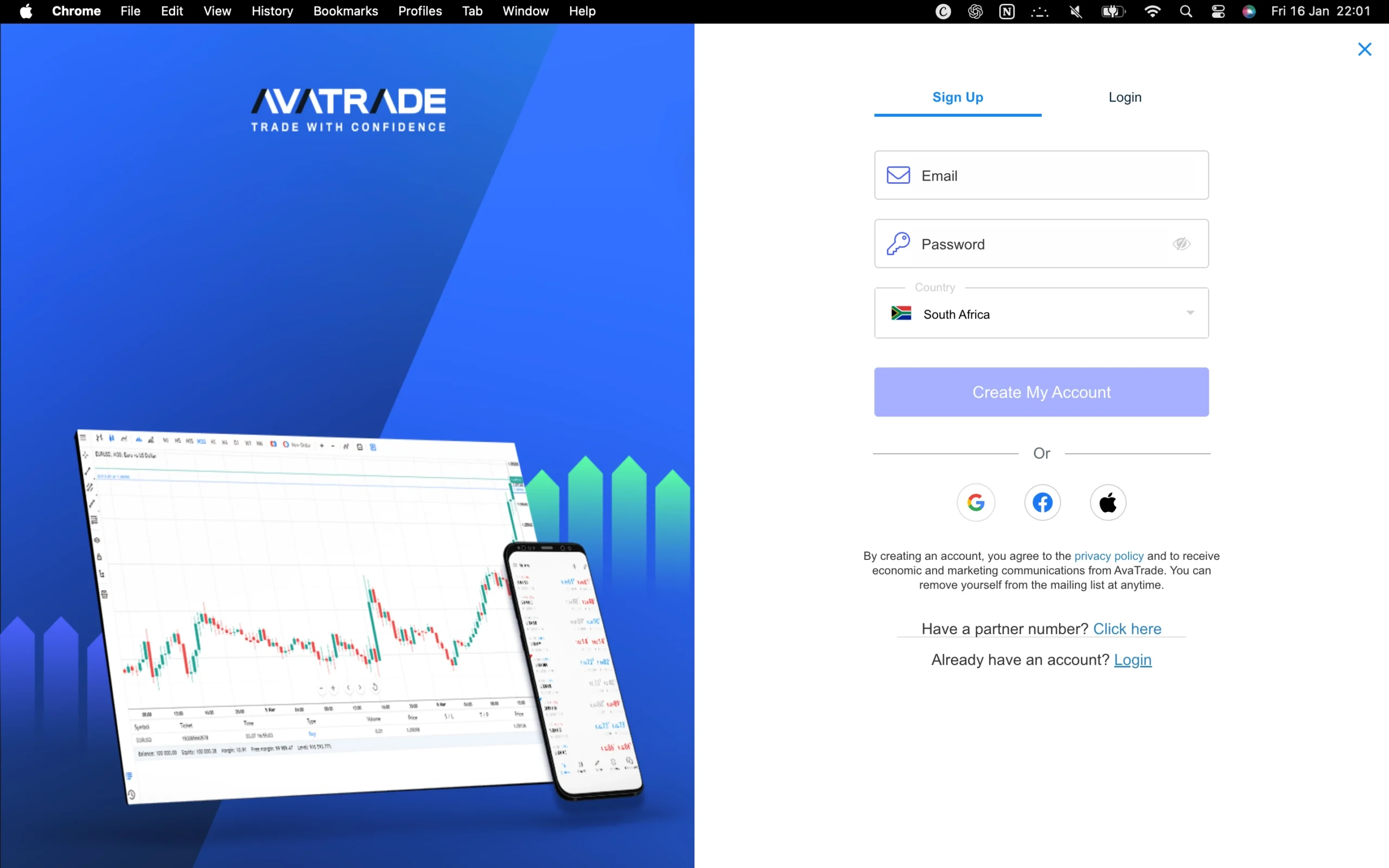 AvaTrade review image showing the account opening page where clients enter personal information to open a trading account.