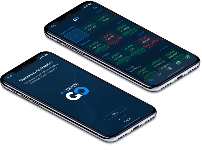 AvaTrade review image showing the AvaTrade Mobile App interface for trading on smartphones.