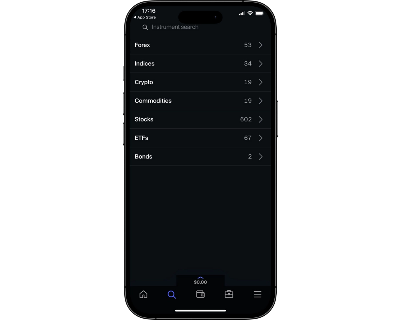 AvaTrade review image showing the AvaTrade mobile app search functions with a search bar to find trading instruments.