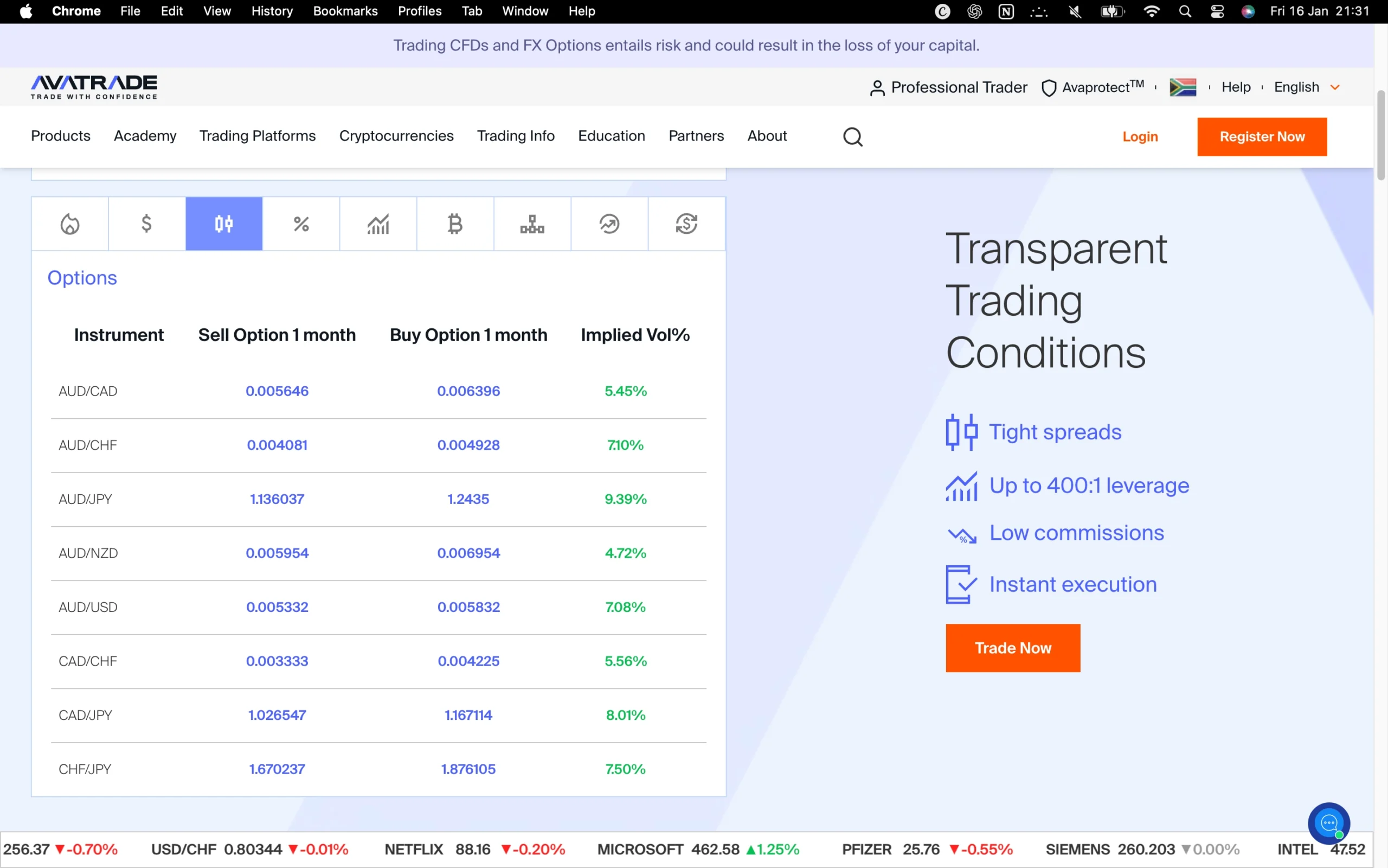 AvaTrade review image showing the broker’s trading fees, including live spreads, commissions, and swap rates across Forex, Metals, Indices, Commodities, Stocks and Cryptos.