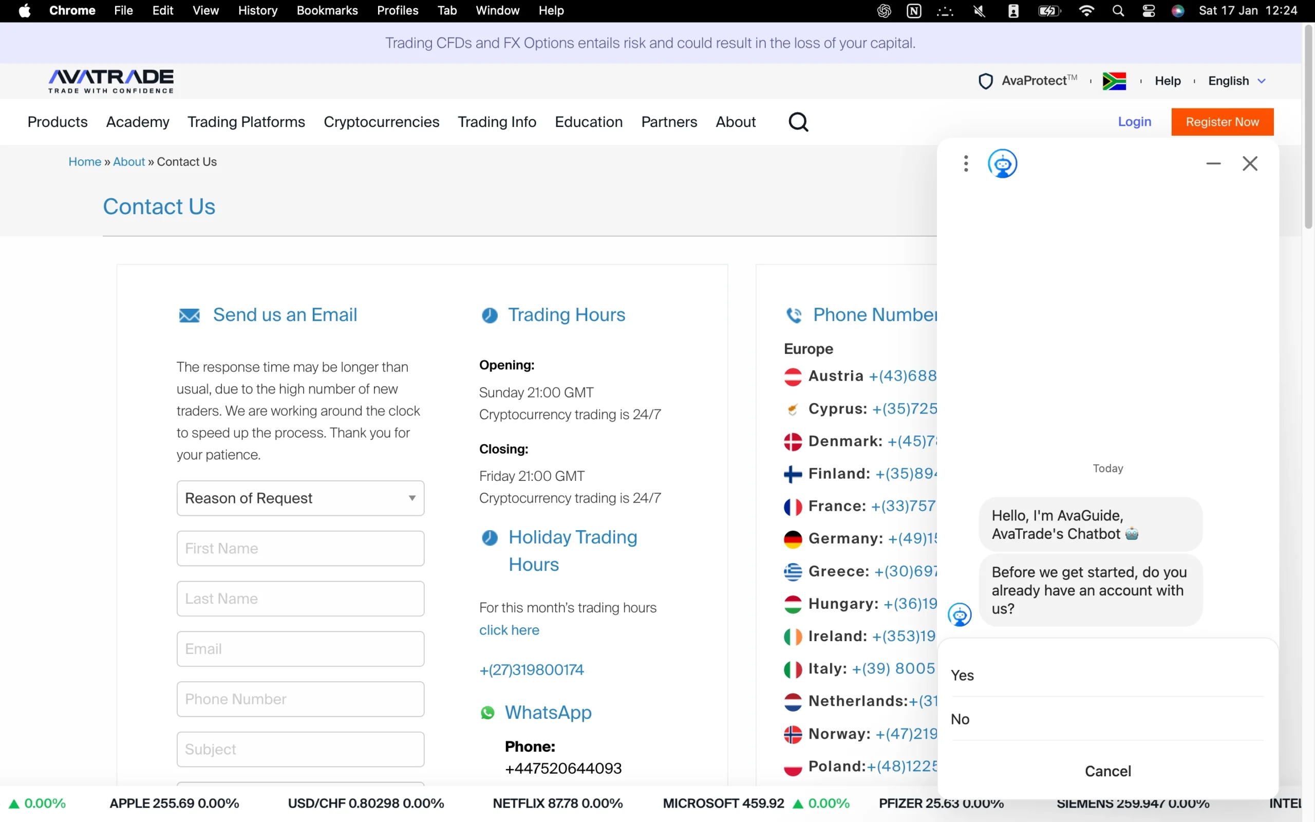 AvaTrade review image showing customer support options including a contact form, live chat, phone numbers and help center.