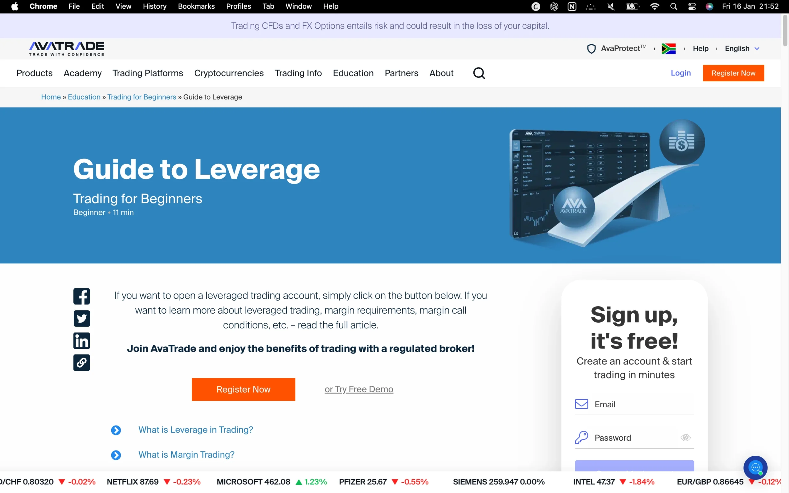 AvaTrade review image showing maximum leverage for each tradable instrument, including Crypto, Indices, Bonds, Currency Pairs, Soft Commodities, ETFs, Metals, Share CFDs and Energies.
